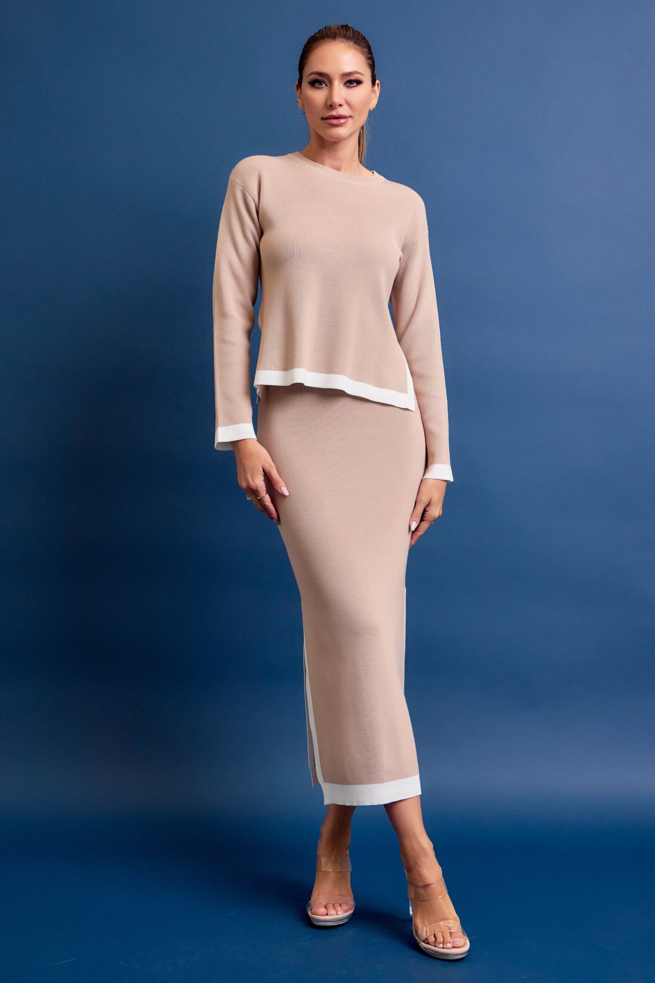 Bailey Knit Long Slv Top And Midi Skirt Set with Contrast