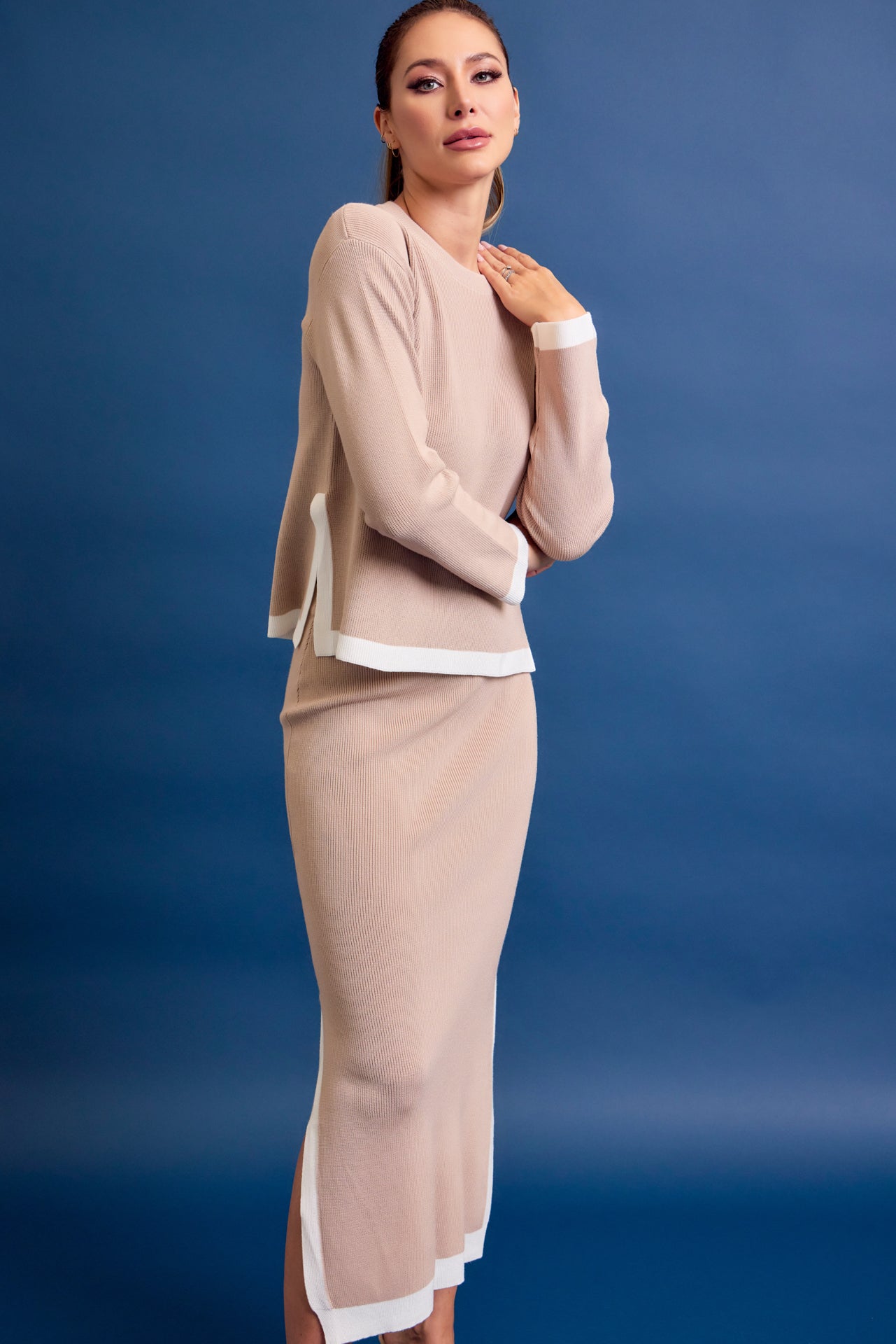 Bailey Knit Long Slv Top And Midi Skirt Set with Contrast