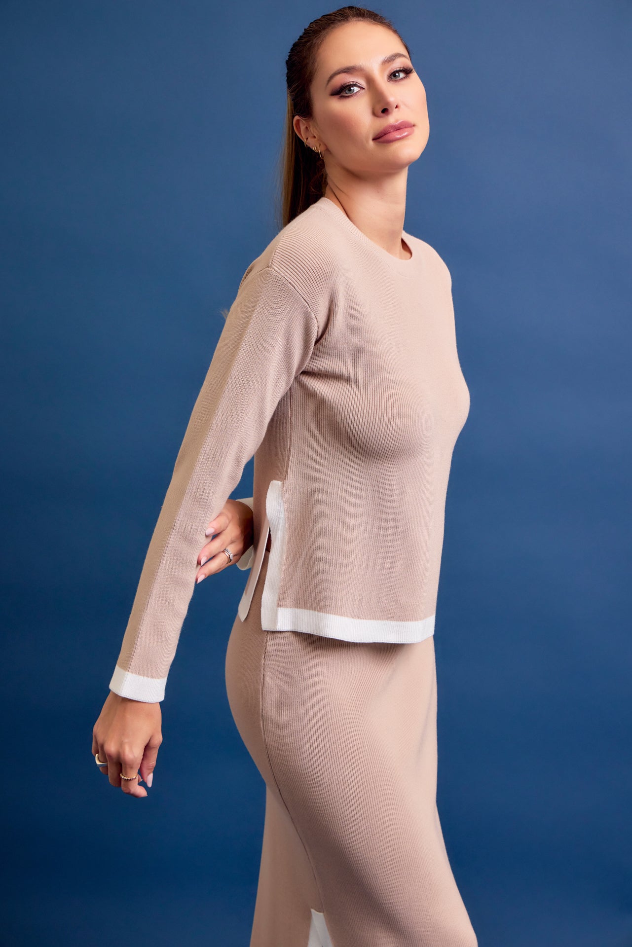 Bailey Knit Long Slv Top And Midi Skirt Set with Contrast