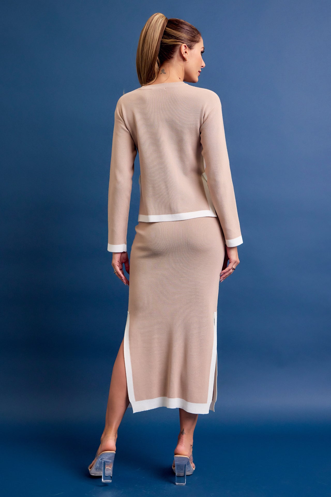 Bailey Knit Long Slv Top And Midi Skirt Set with Contrast