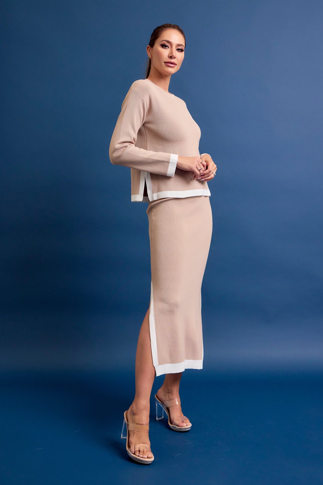 Bailey Knit Long Slv Top And Midi Skirt Set with Contrast