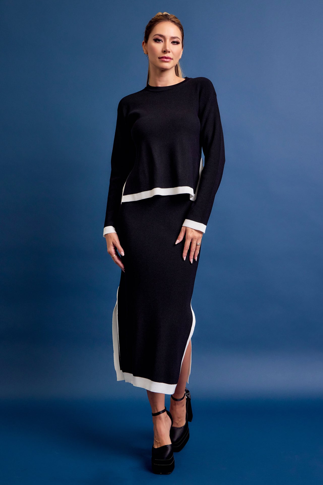 Bailey Knit Long Slv Top And Midi Skirt Set with Contrast