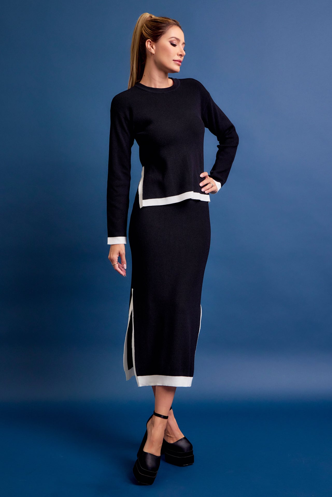Bailey Knit Long Slv Top And Midi Skirt Set with Contrast