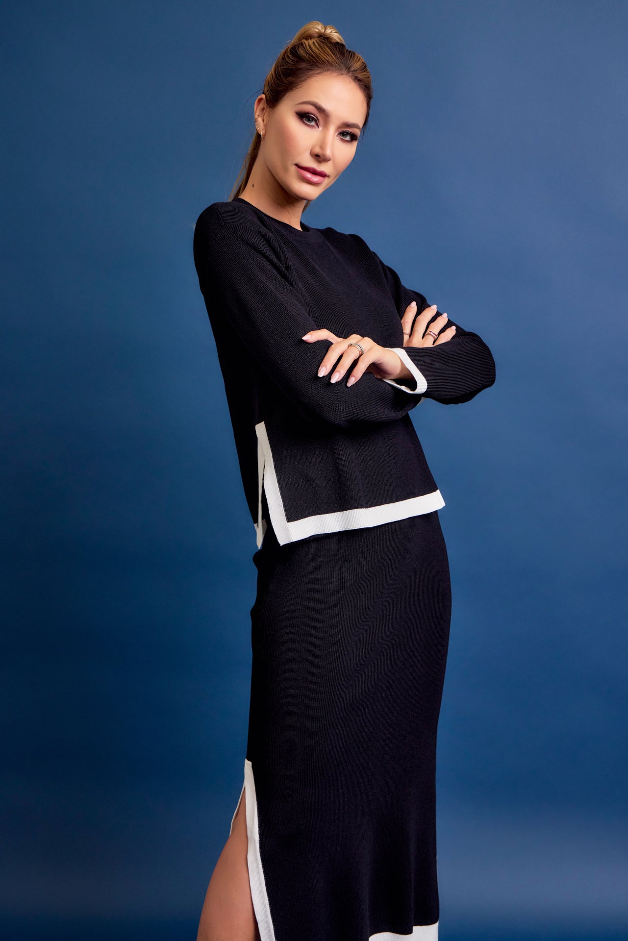 Bailey Knit Long Slv Top And Midi Skirt Set with Contrast
