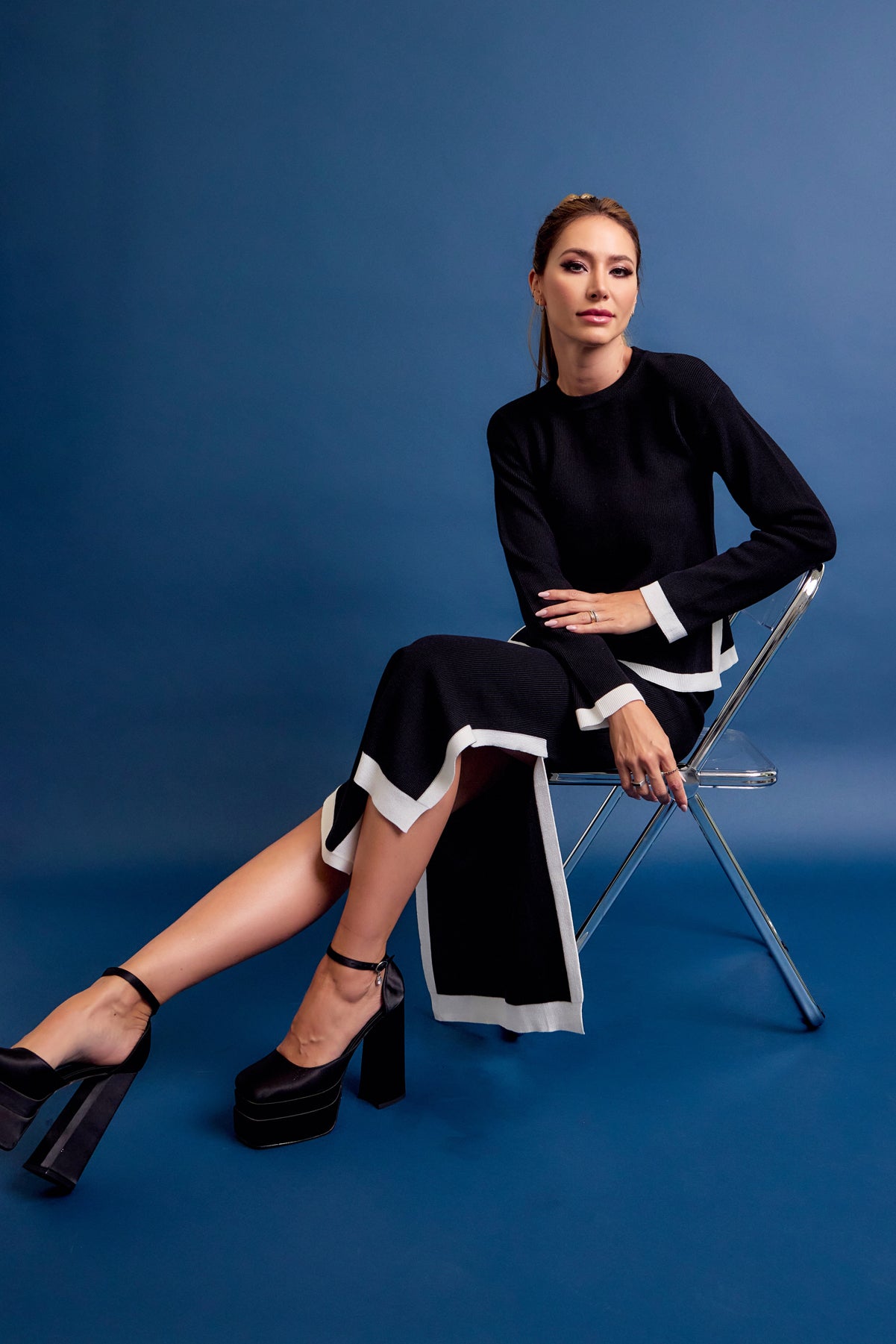 Bailey Knit Long Slv Top And Midi Skirt Set with Contrast