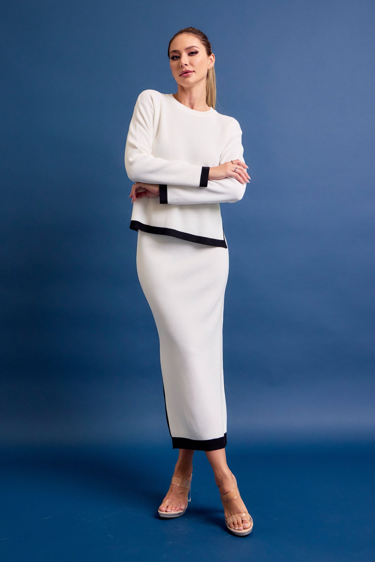 Bailey Knit Long Slv Top And Midi Skirt Set with Contrast
