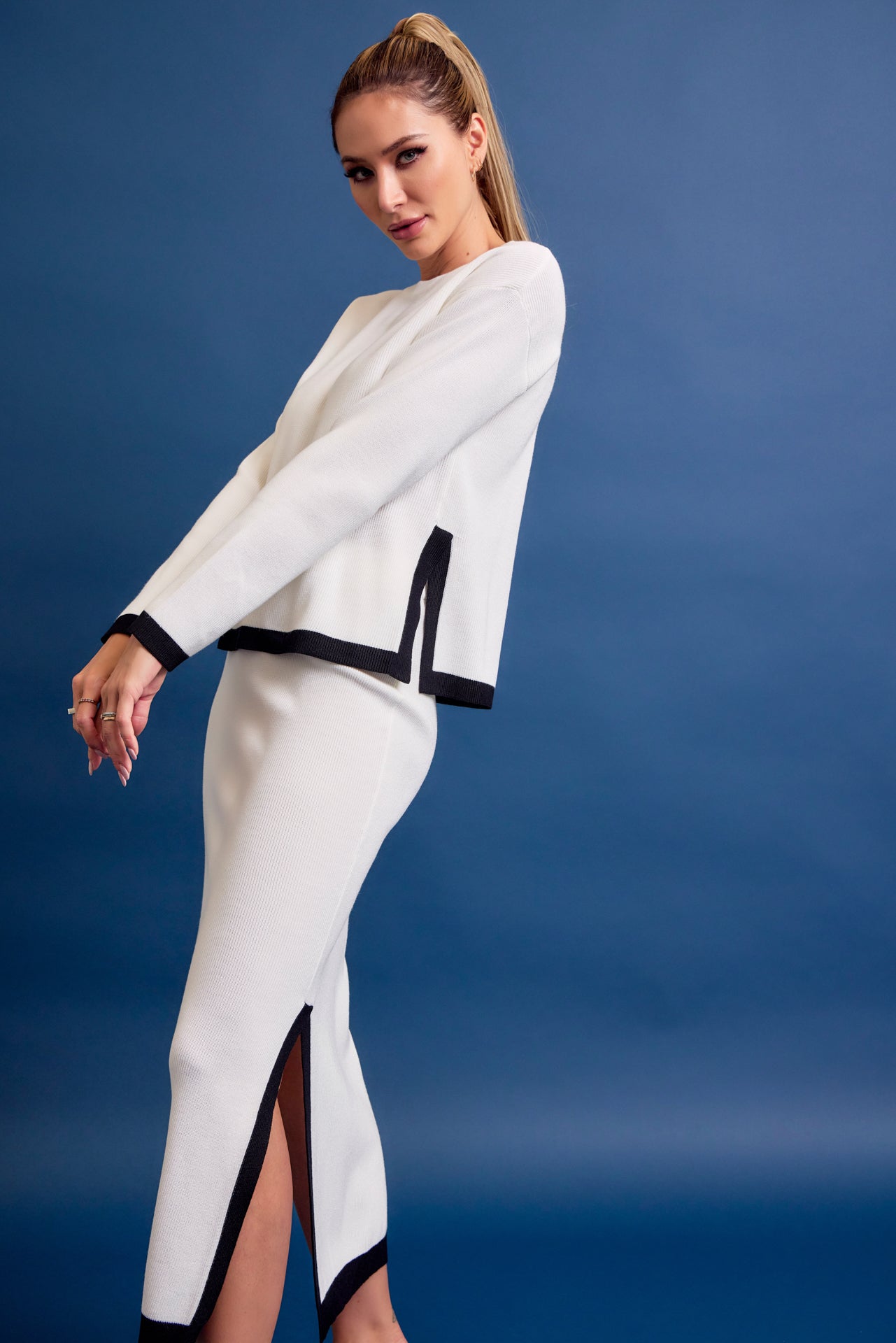 Bailey Knit Long Slv Top And Midi Skirt Set with Contrast