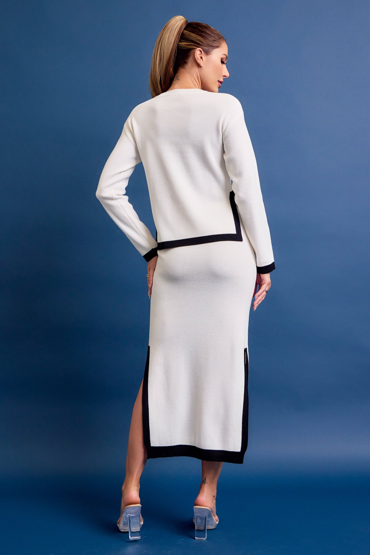 Bailey Knit Long Slv Top And Midi Skirt Set with Contrast
