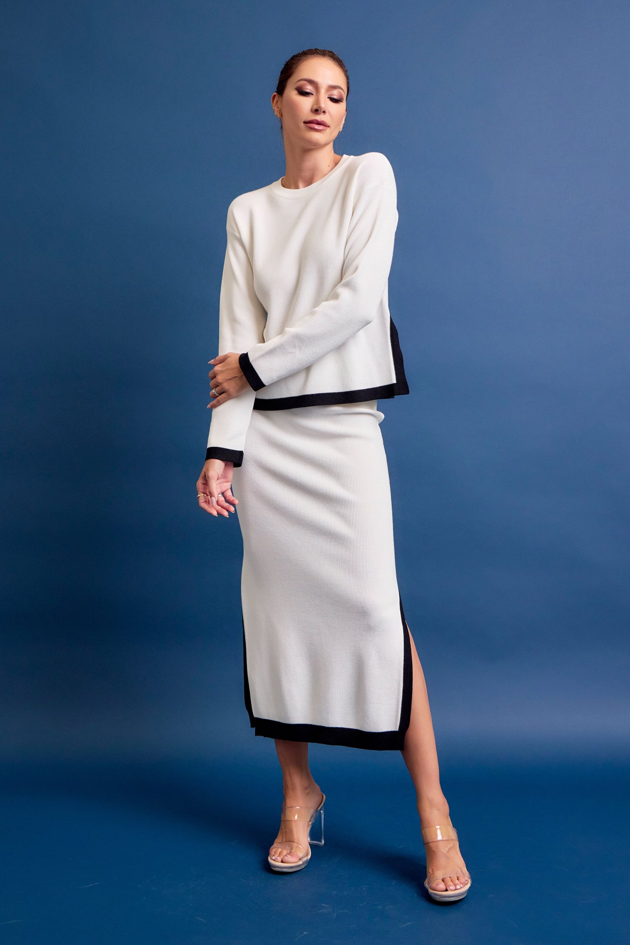 Bailey Knit Long Slv Top And Midi Skirt Set with Contrast