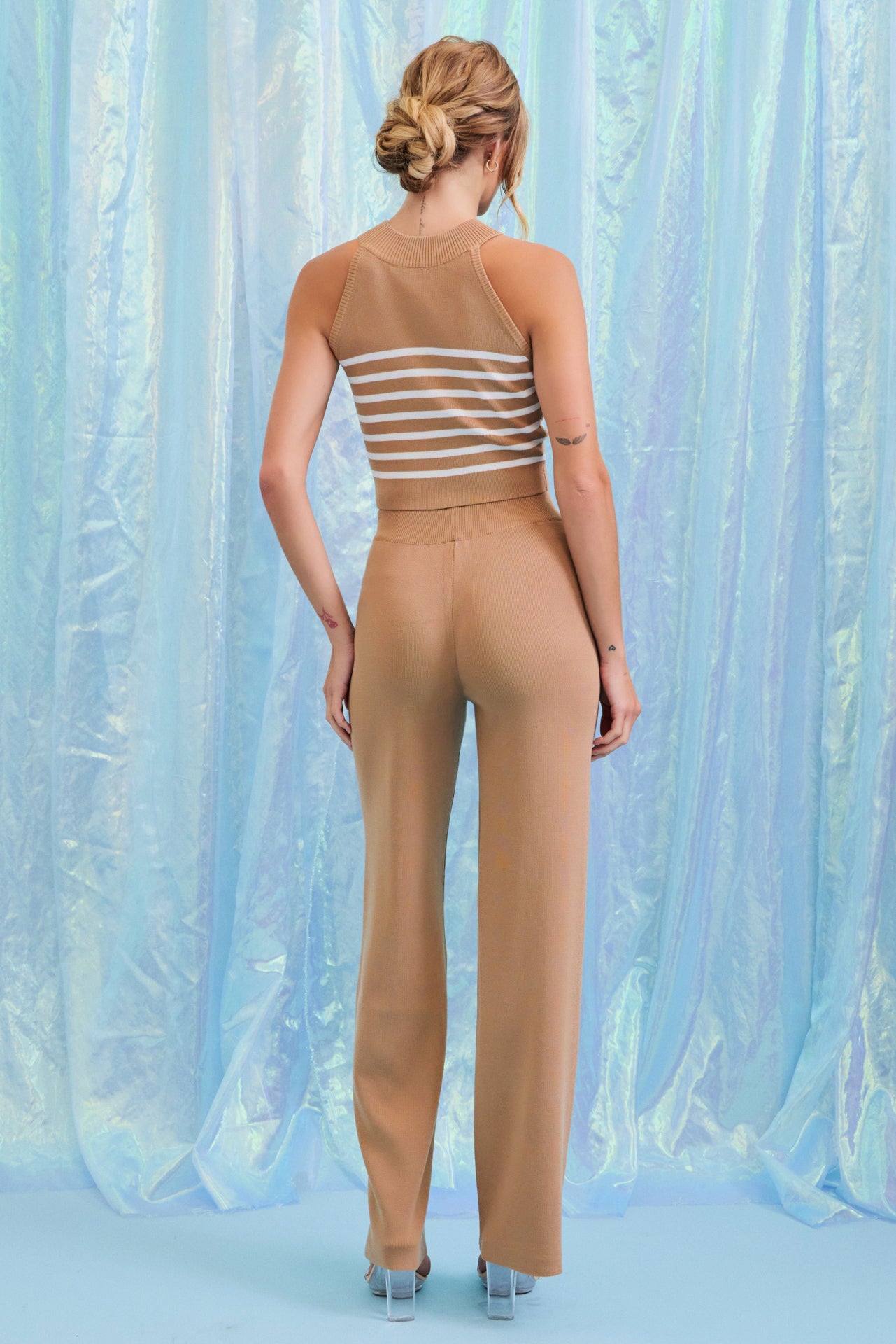 Emery Stripe Knit Sleeveless Mock Neck Top with Pants Set