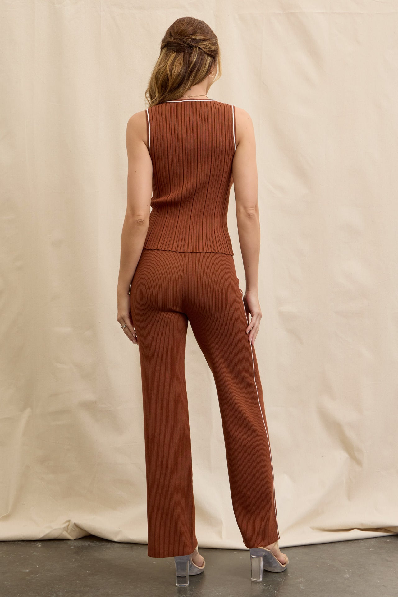 Variegated Rib Knit Sleeveless Top and Pants Set