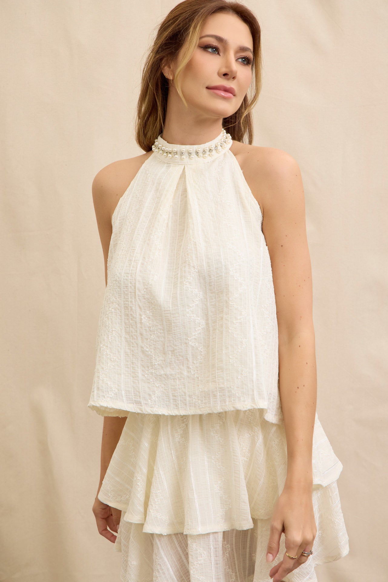 Soft Pearl Elegance Sleeveless Top & Skirt Set