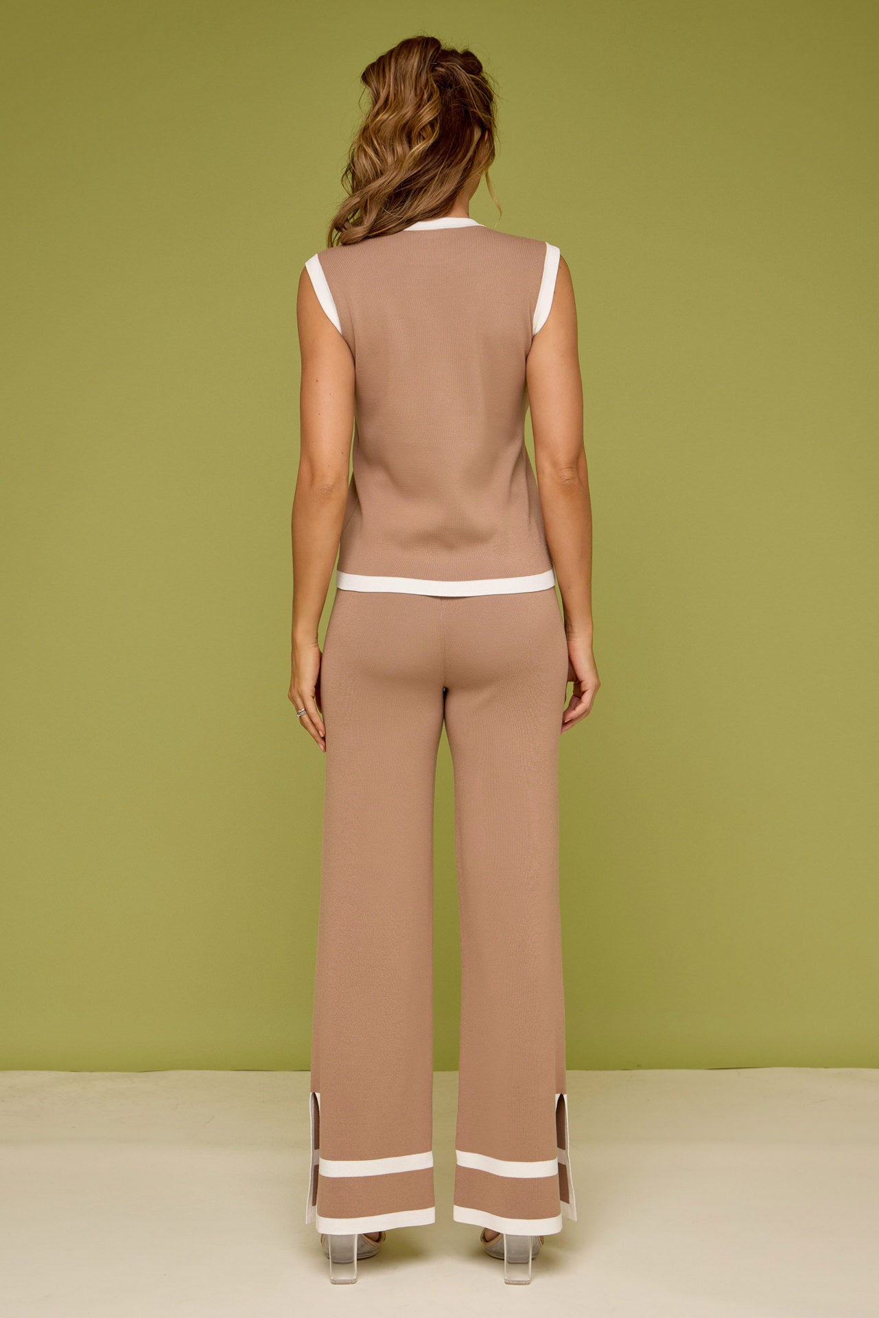 Vivia Knit Sleeveless Top and Pants Set With Contrast Stripe