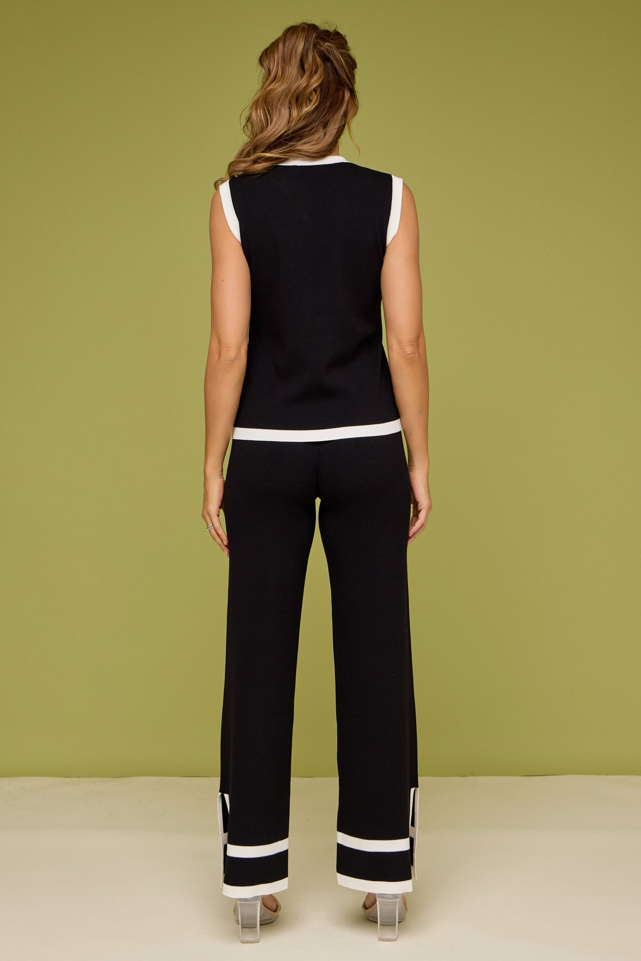 Vivia Knit Sleeveless Top and Pants Set With Contrast Stripe