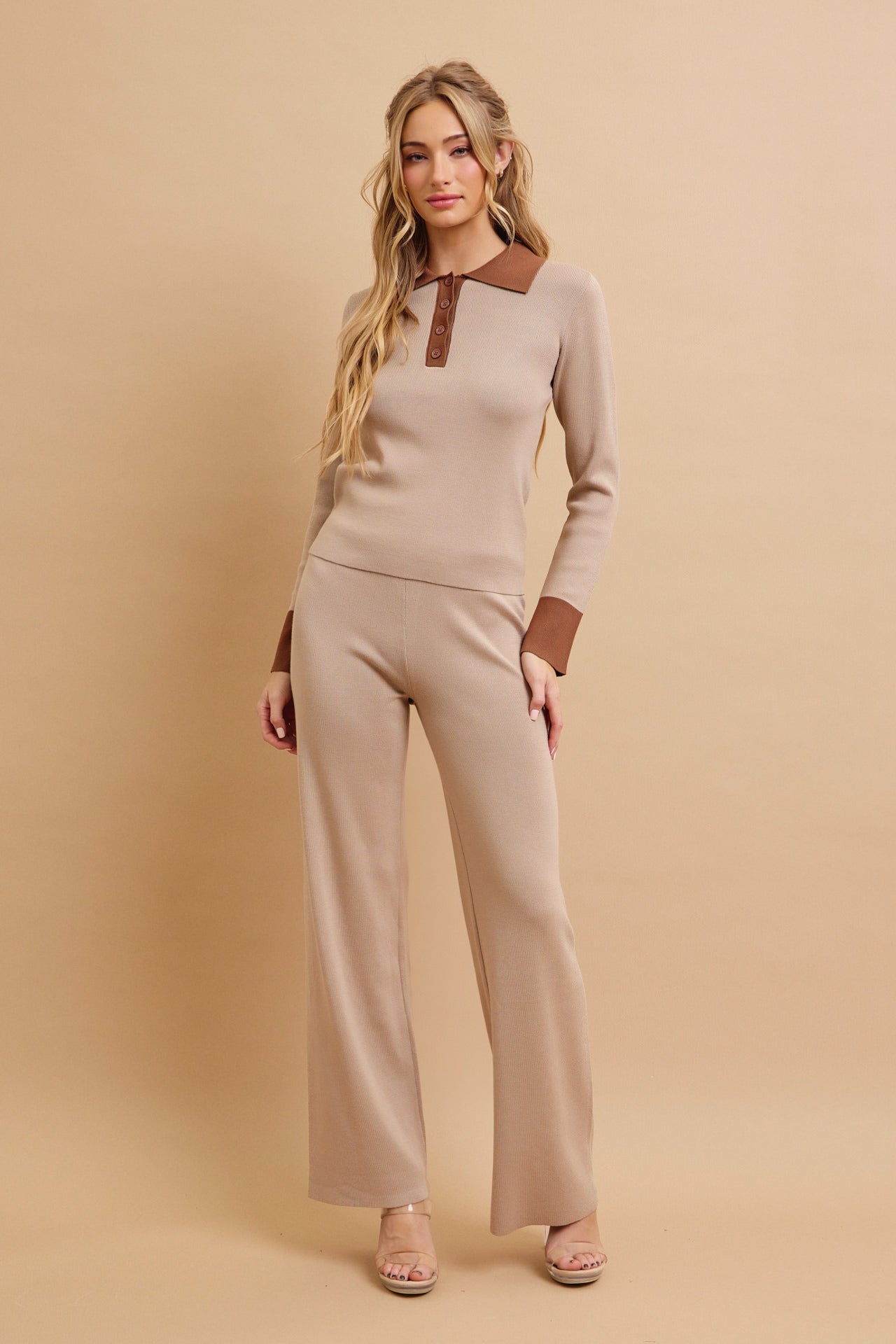 Classic Comfort Long Sleeve Top with Contrast and Pants Set