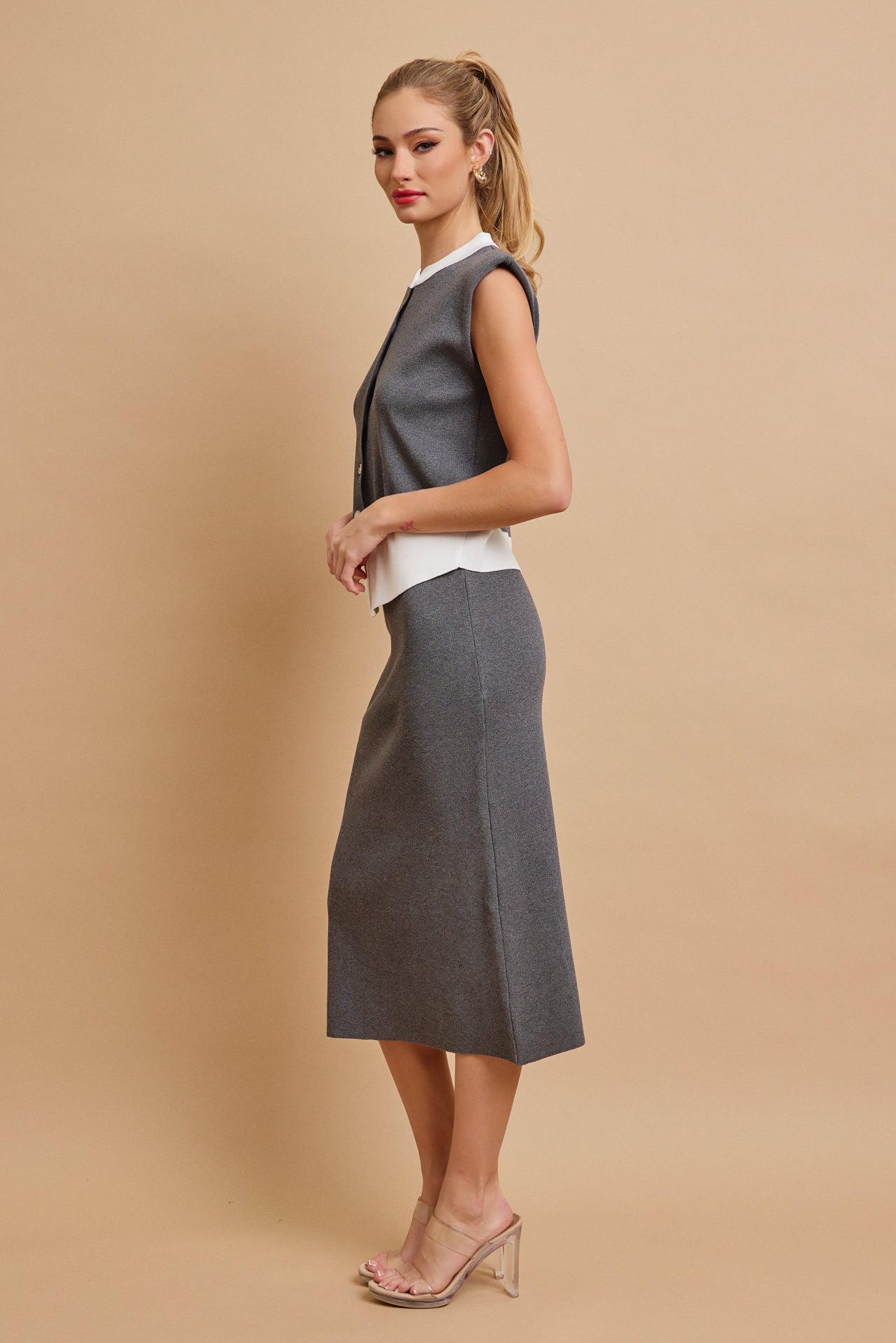 Color Block Wave Vest and Midi Skirt Set