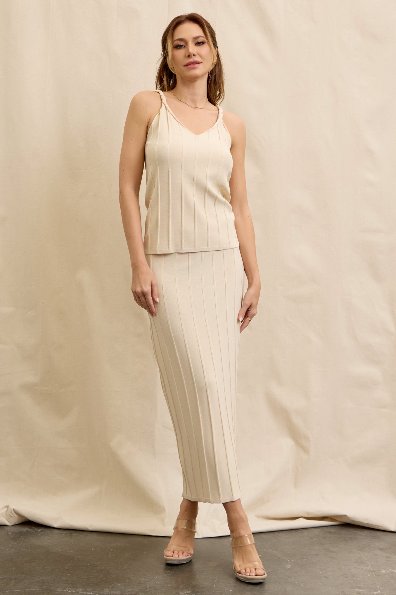 Twist & Flow Knit Sleeveless Top and Midi Skirt Set