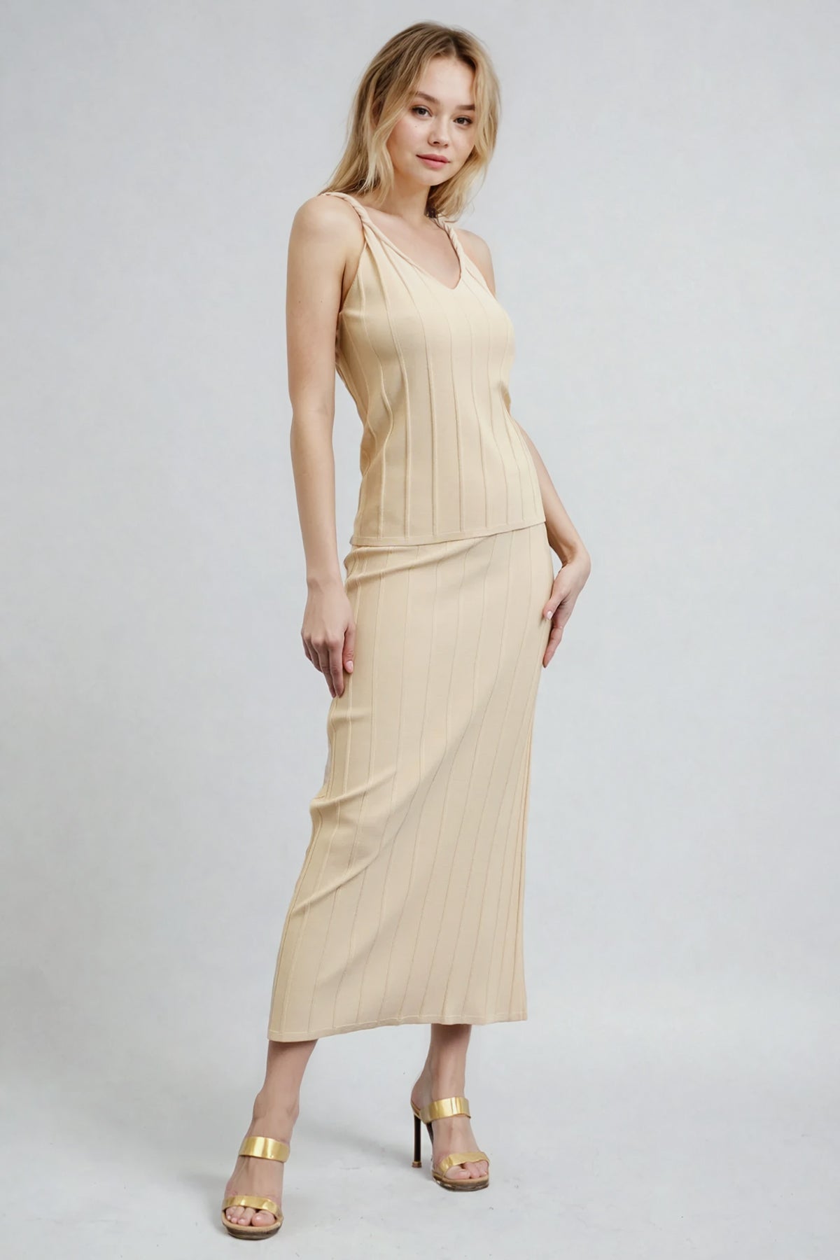 Twist & Flow Knit Sleeveless Top and Midi Skirt Set