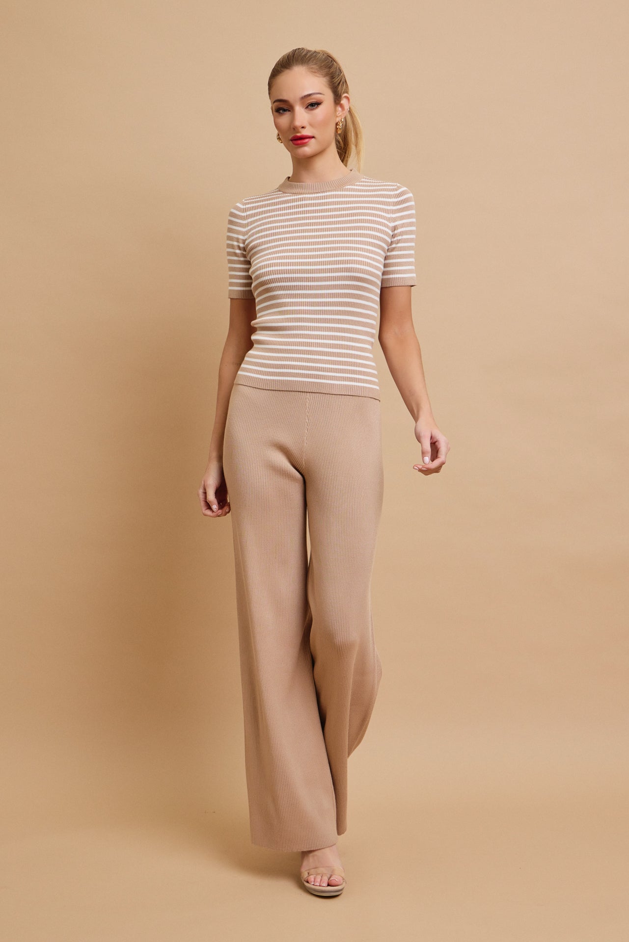 Marin Stripe Knit Short Sleeve Top and Solid Pants Set
