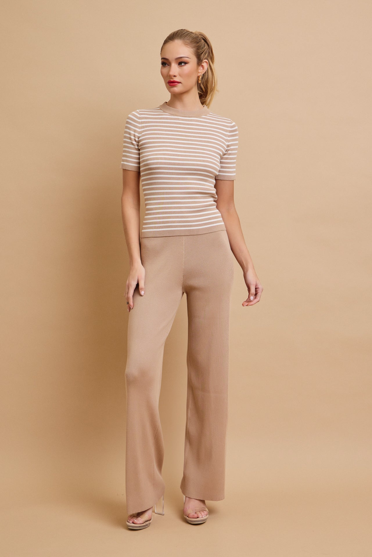 Marin Stripe Knit Short Sleeve Top and Solid Pants Set
