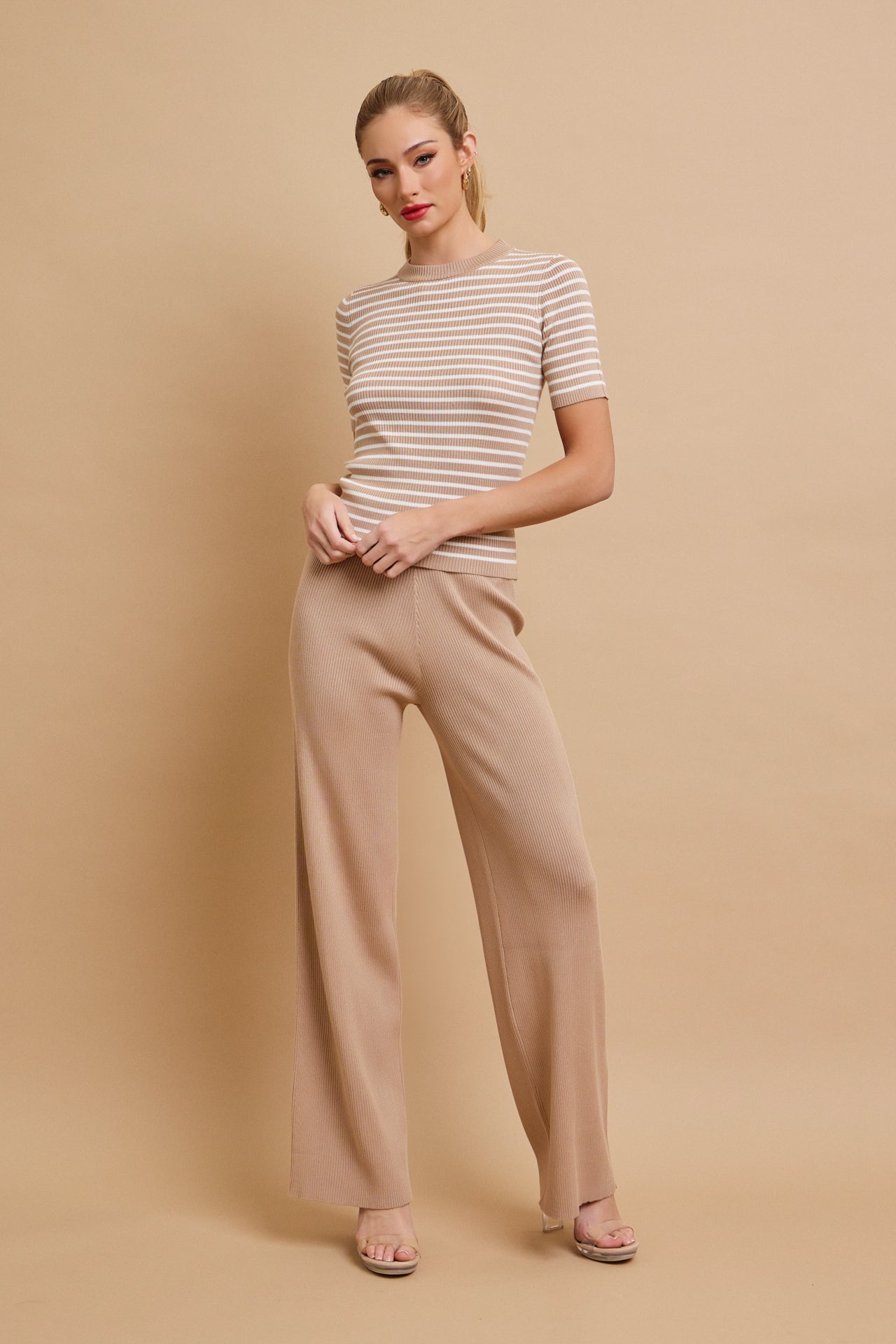 Marin Stripe Knit Short Sleeve Top and Solid Pants Set
