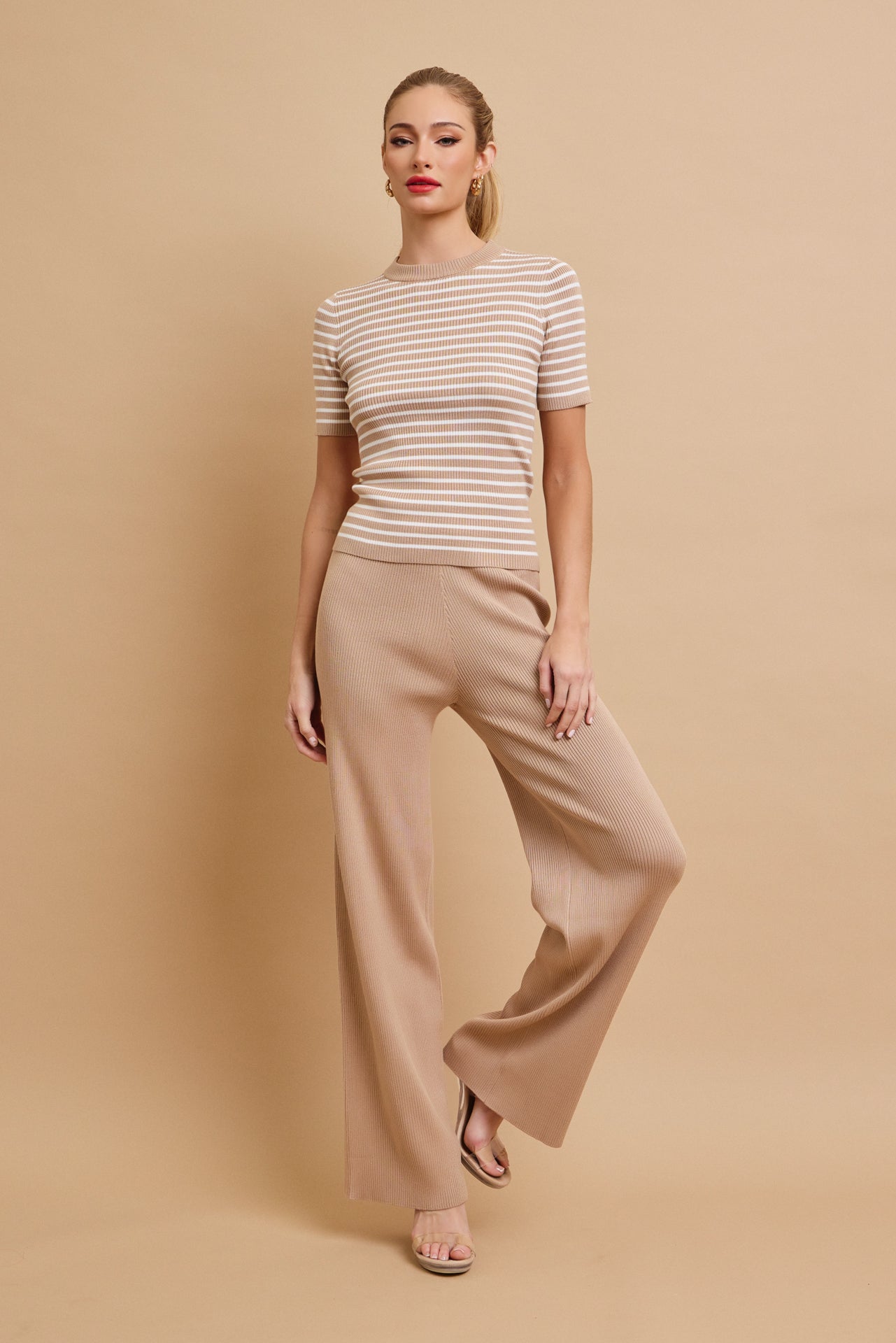 Marin Stripe Knit Short Sleeve Top and Solid Pants Set