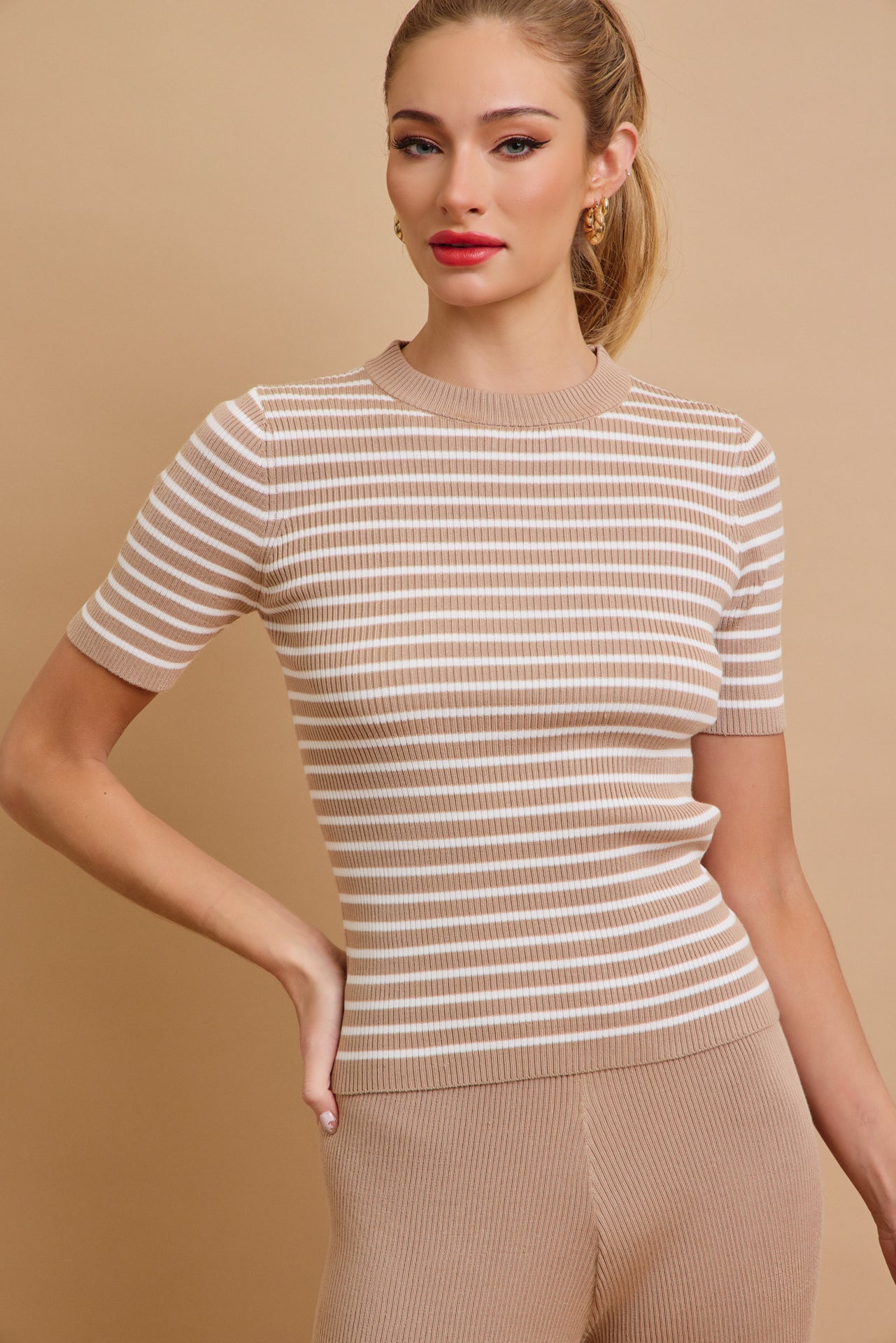 Marin Stripe Knit Short Sleeve Top and Solid Pants Set