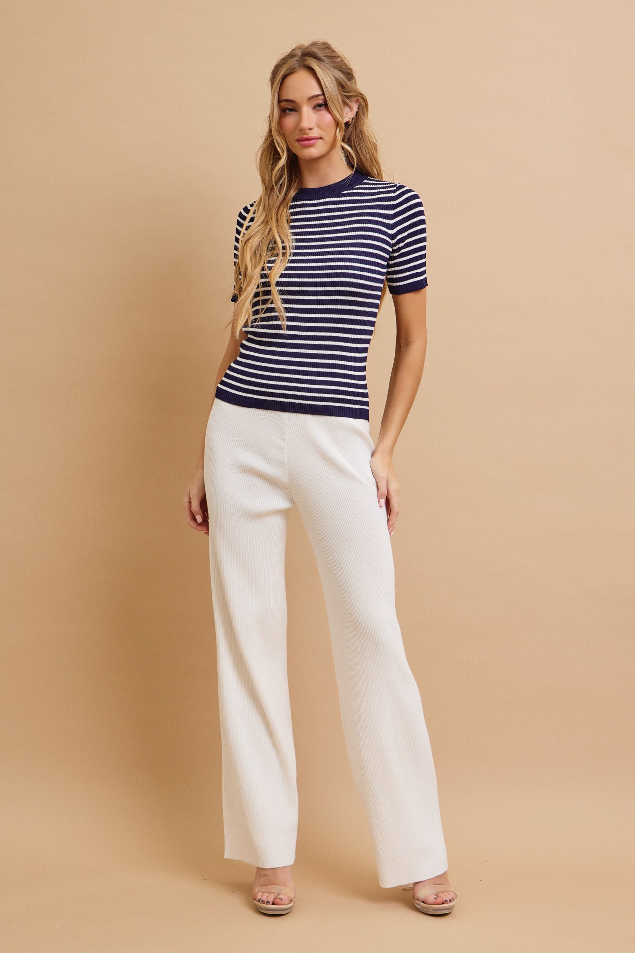 Marin Stripe Knit Short Sleeve Top and Solid Pants Set