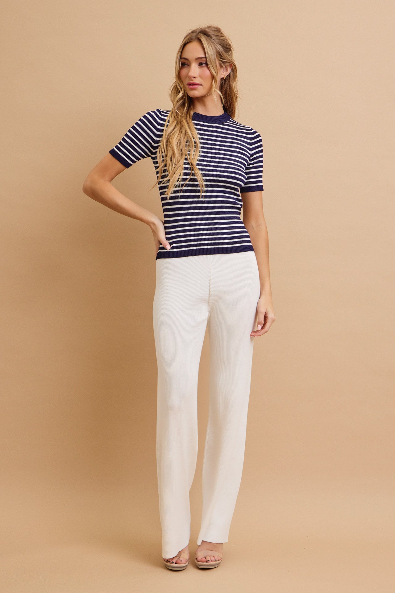 Marin Stripe Knit Short Sleeve Top and Solid Pants Set