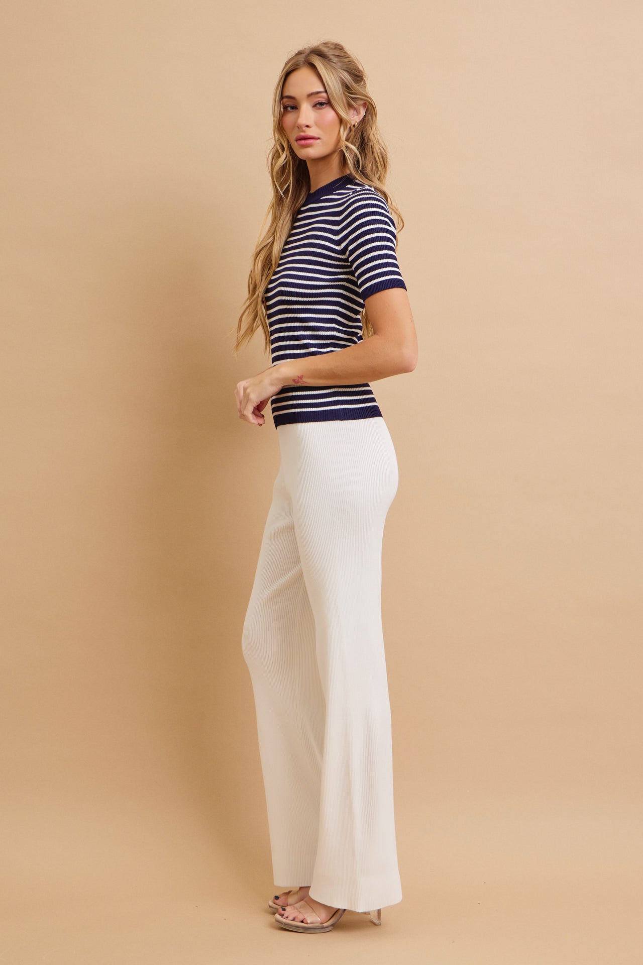 Marin Stripe Knit Short Sleeve Top and Solid Pants Set