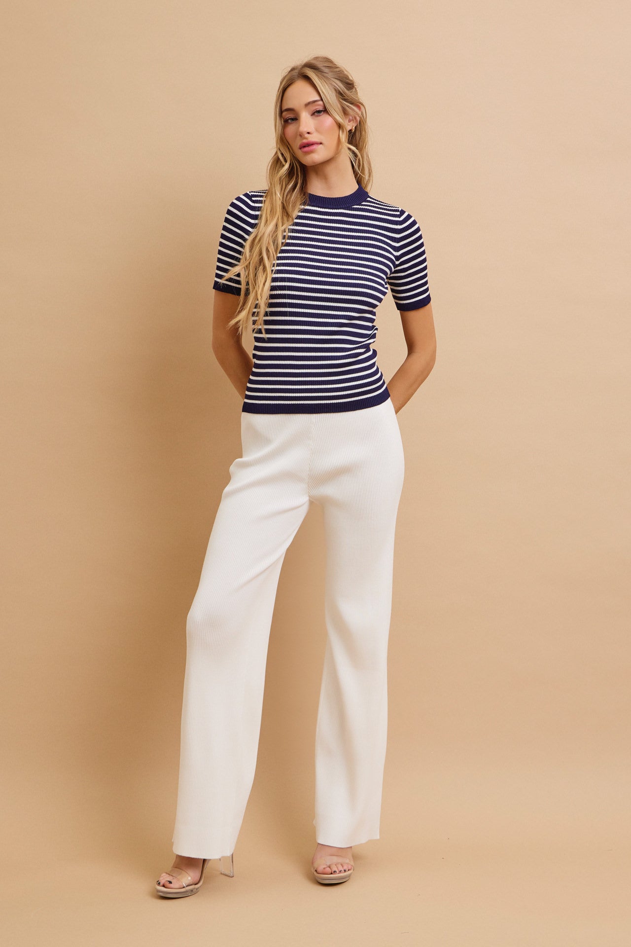 Marin Stripe Knit Short Sleeve Top and Solid Pants Set