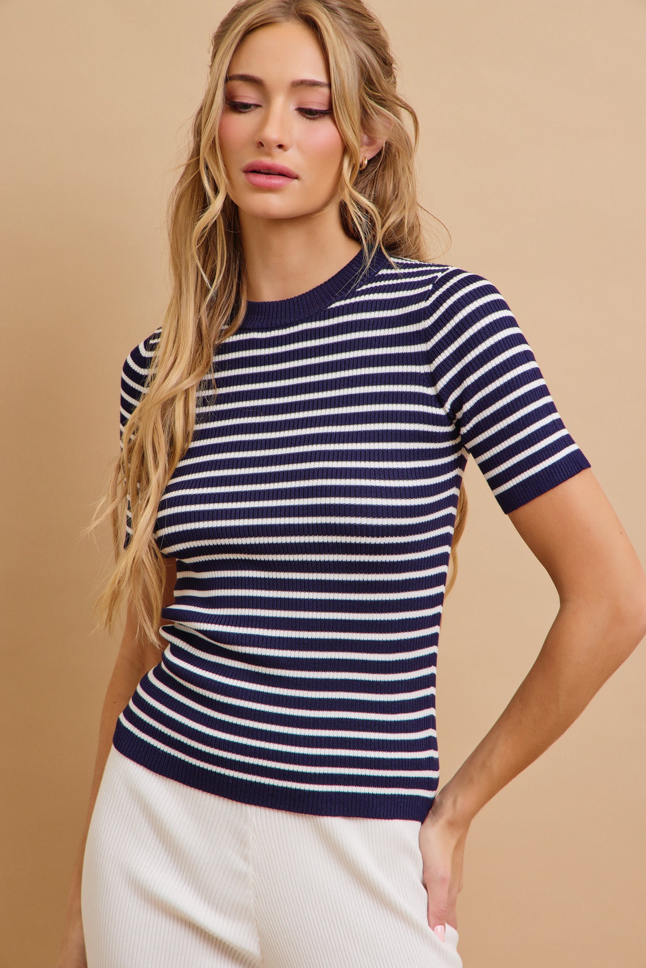 Marin Stripe Knit Short Sleeve Top and Solid Pants Set