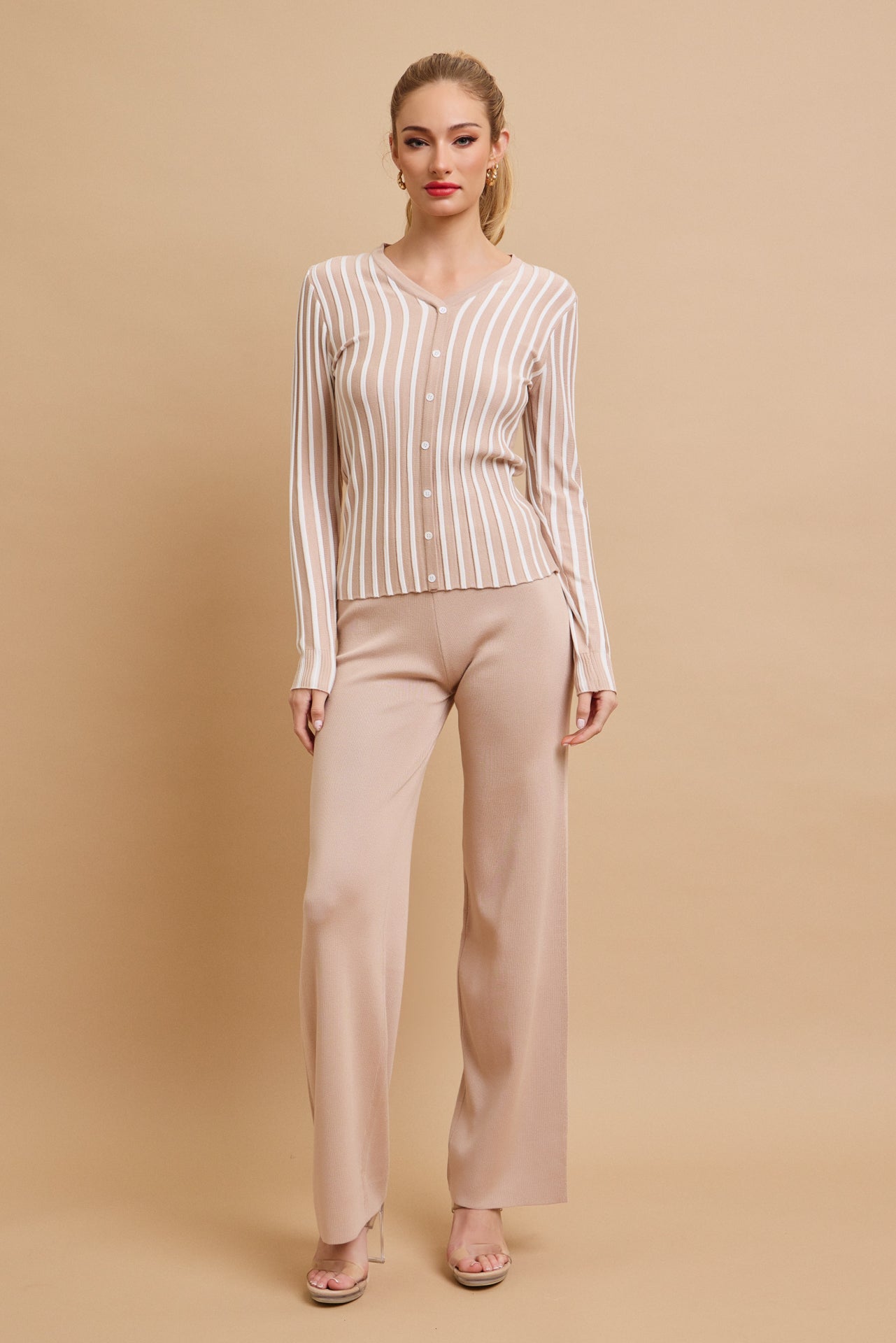Classic Knit Combo Cardigan And Solid Pants Set
