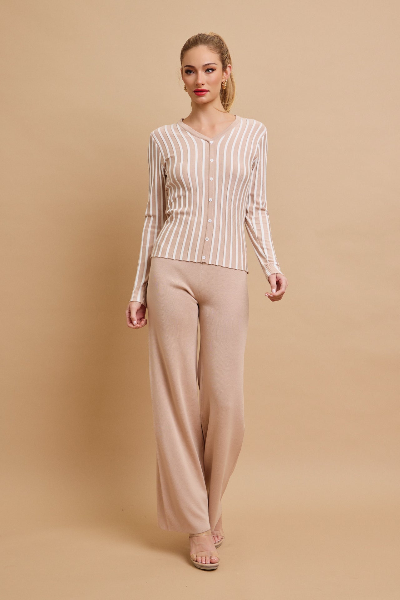 Classic Knit Combo Cardigan And Solid Pants Set