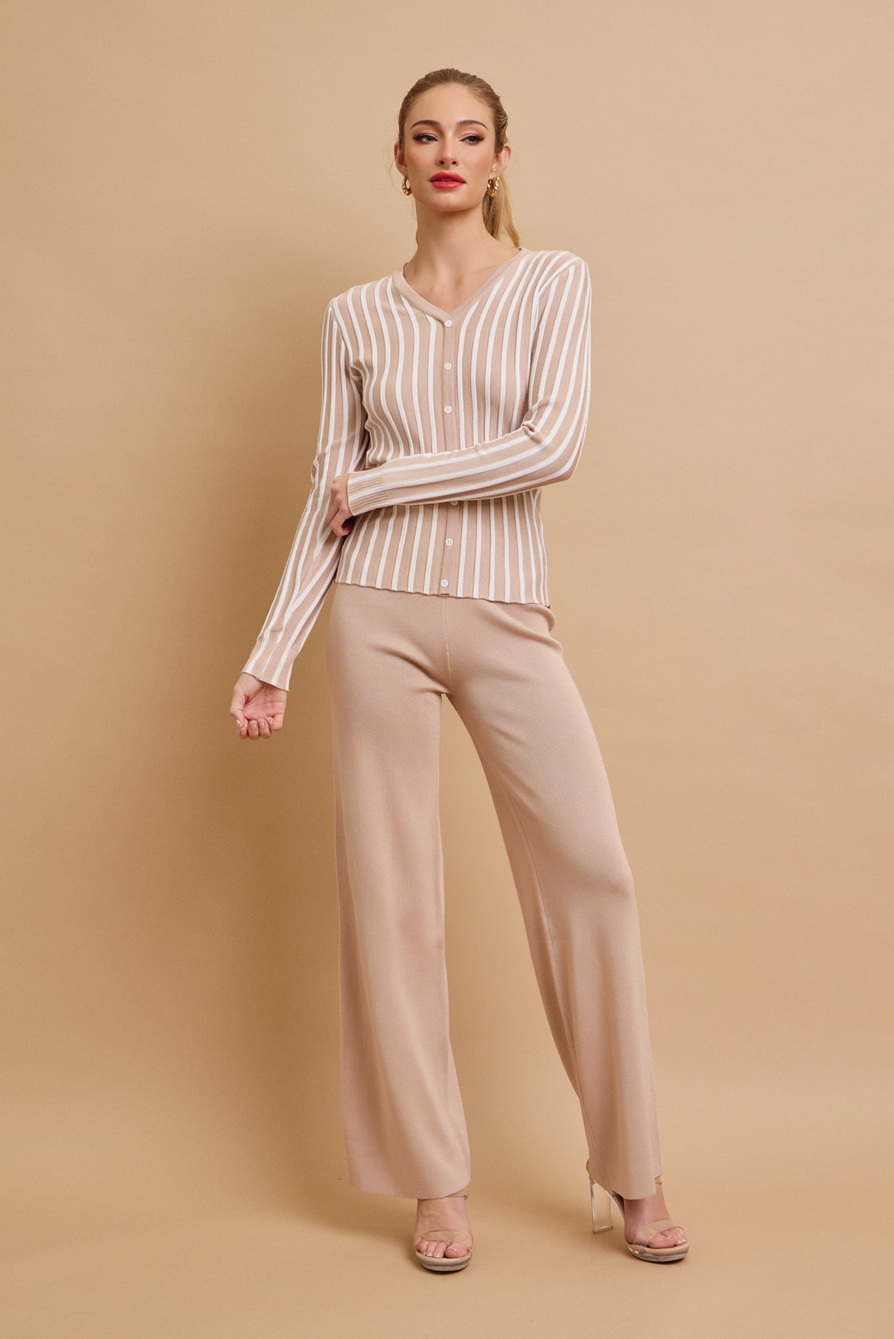 Classic Knit Combo Cardigan And Solid Pants Set
