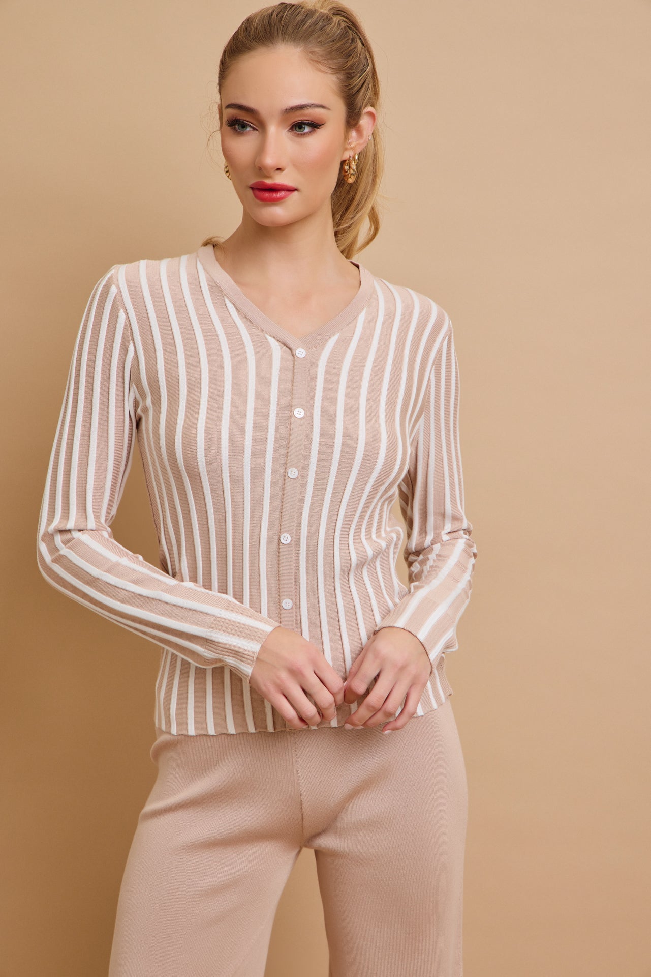 Classic Knit Combo Cardigan And Solid Pants Set