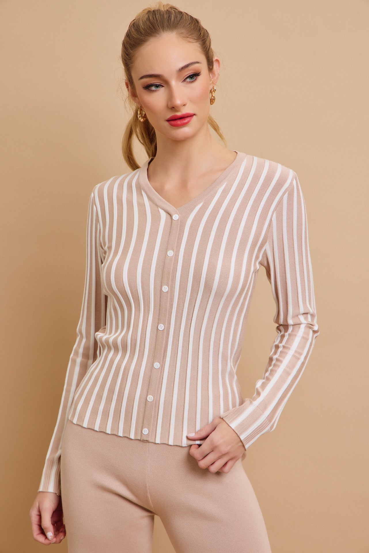 Classic Knit Combo Cardigan And Solid Pants Set