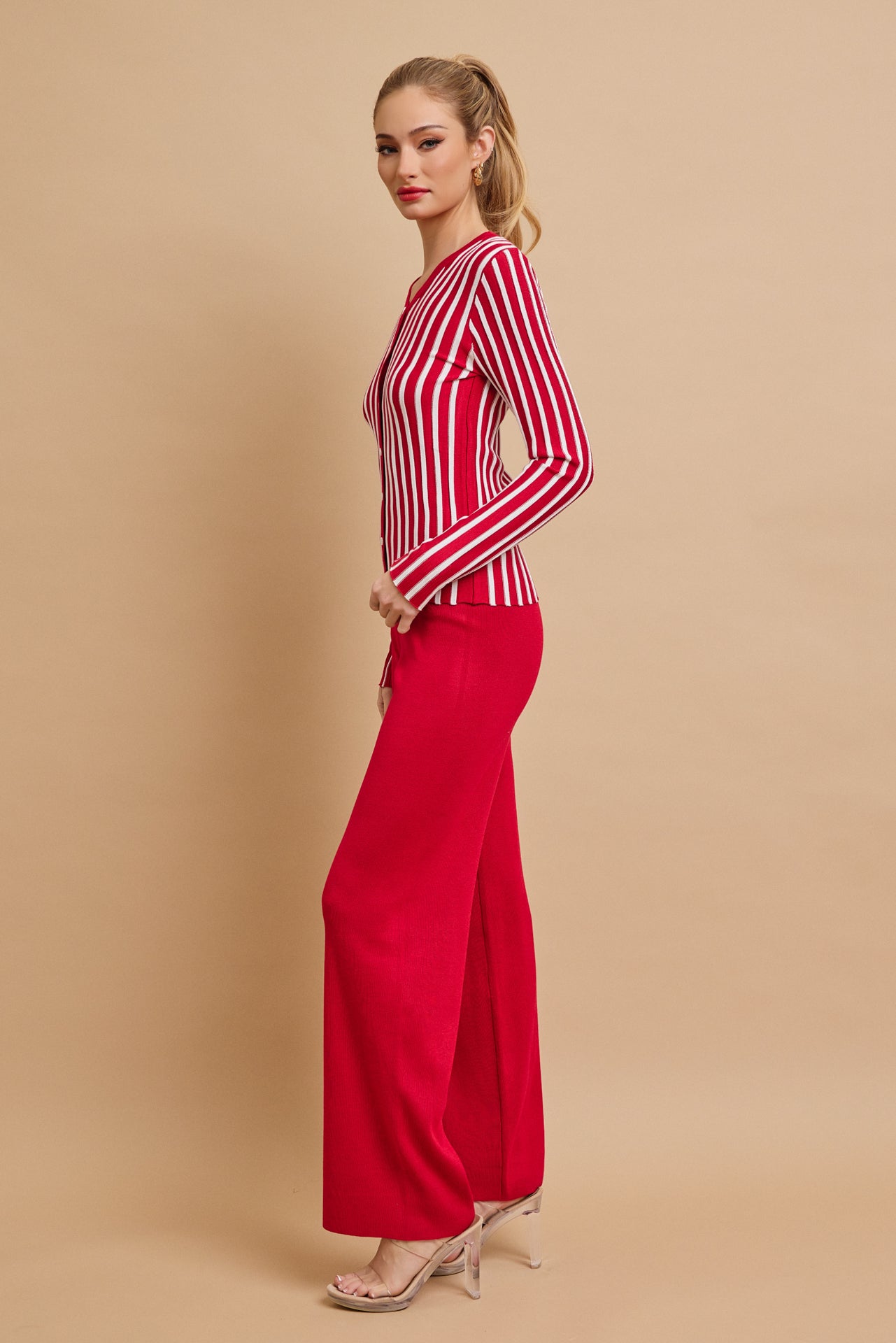 Classic Knit Combo Cardigan And Solid Pants Set