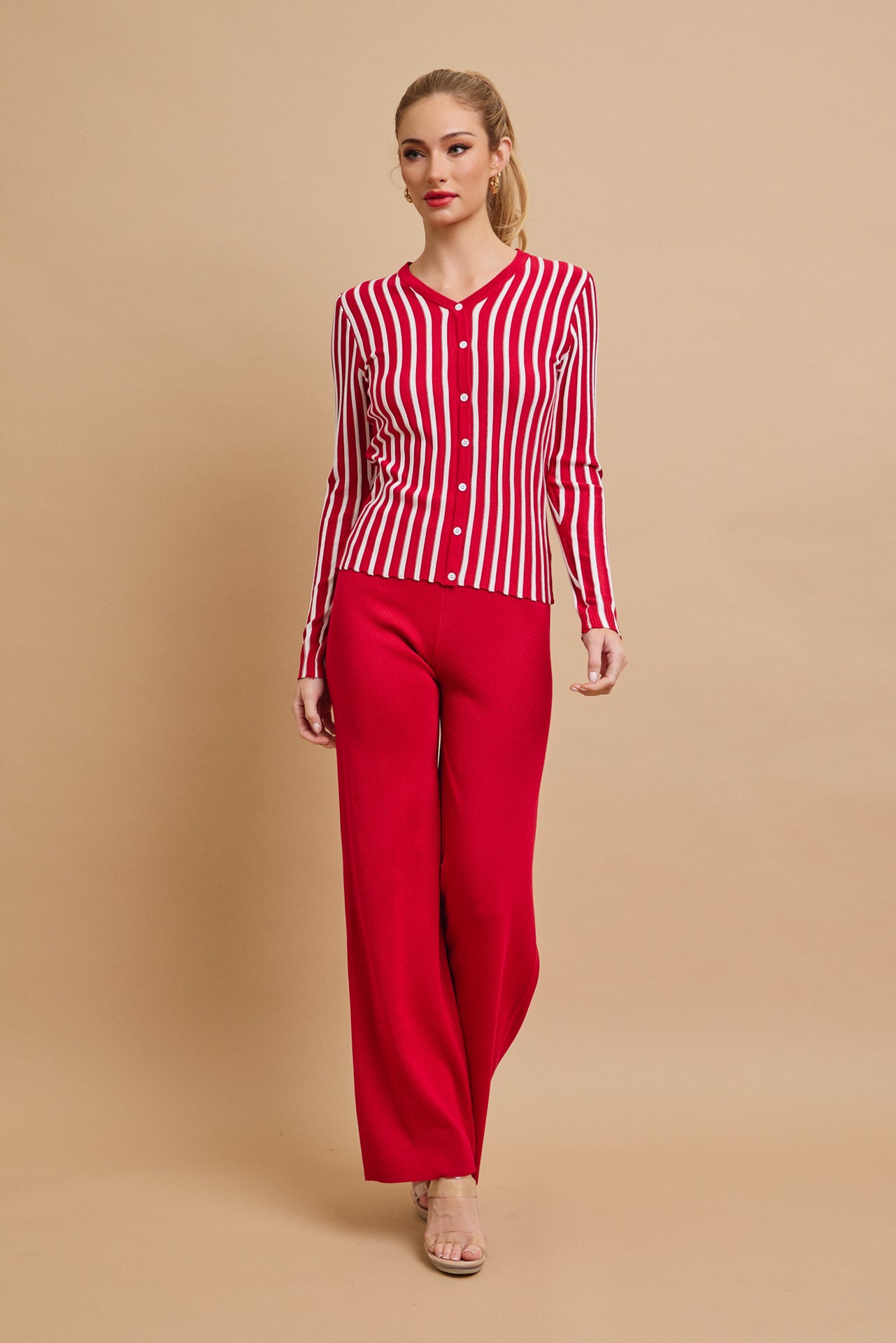 Classic Knit Combo Cardigan And Solid Pants Set