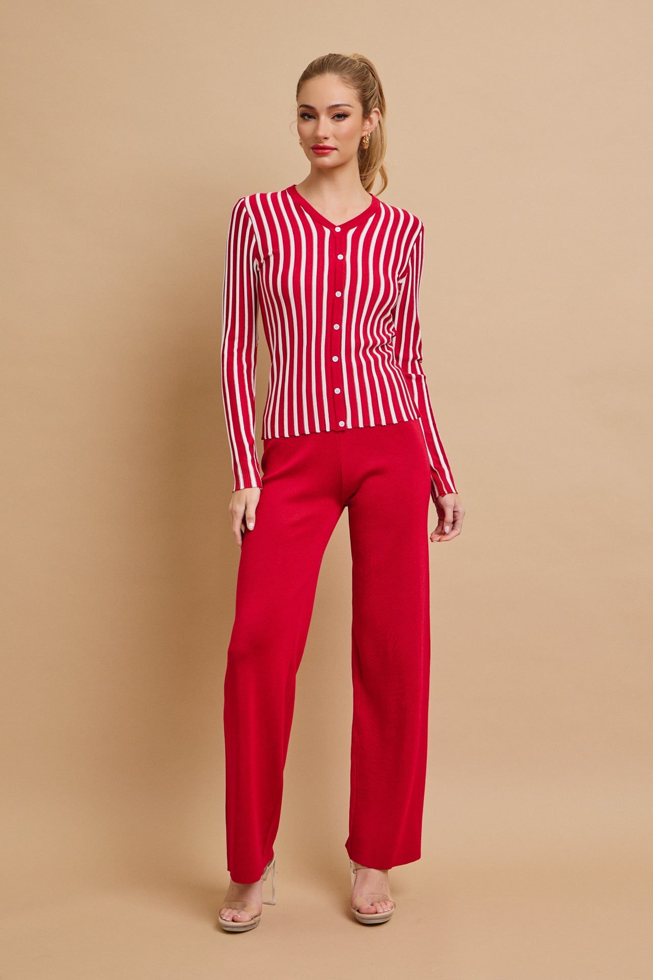 Classic Knit Combo Cardigan And Solid Pants Set