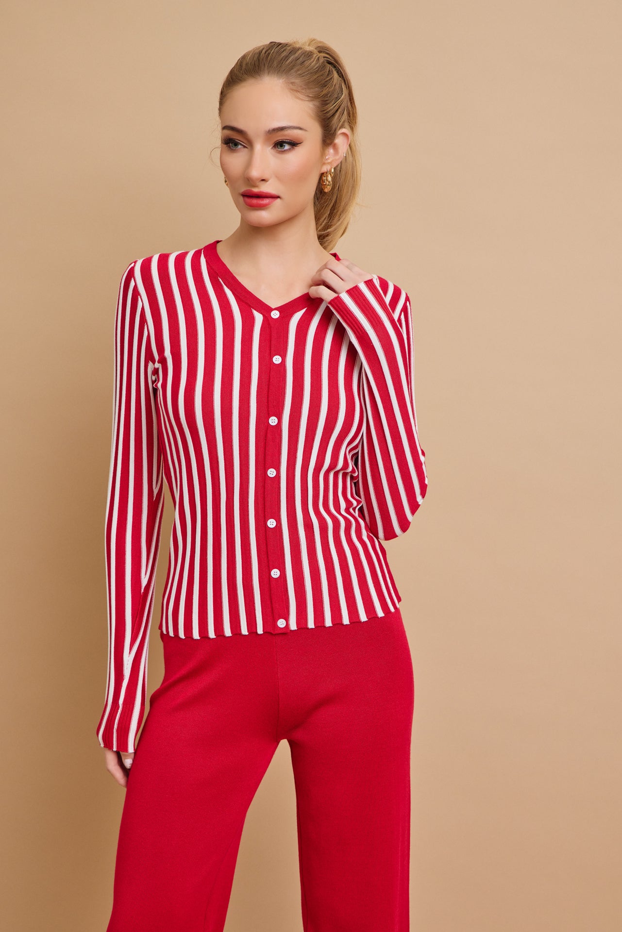 Classic Knit Combo Cardigan And Solid Pants Set