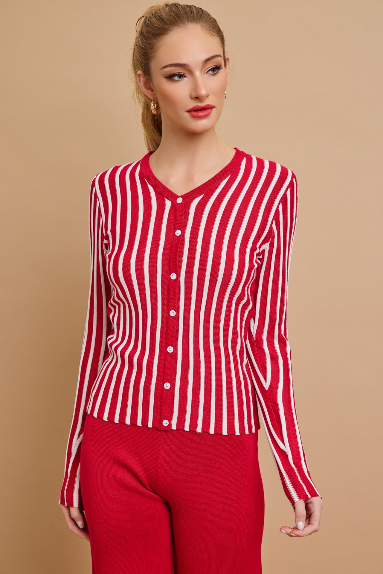 Classic Knit Combo Cardigan And Solid Pants Set