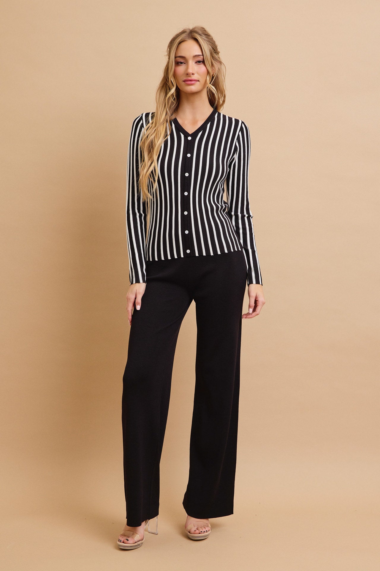 Classic Knit Combo Cardigan And Solid Pants Set