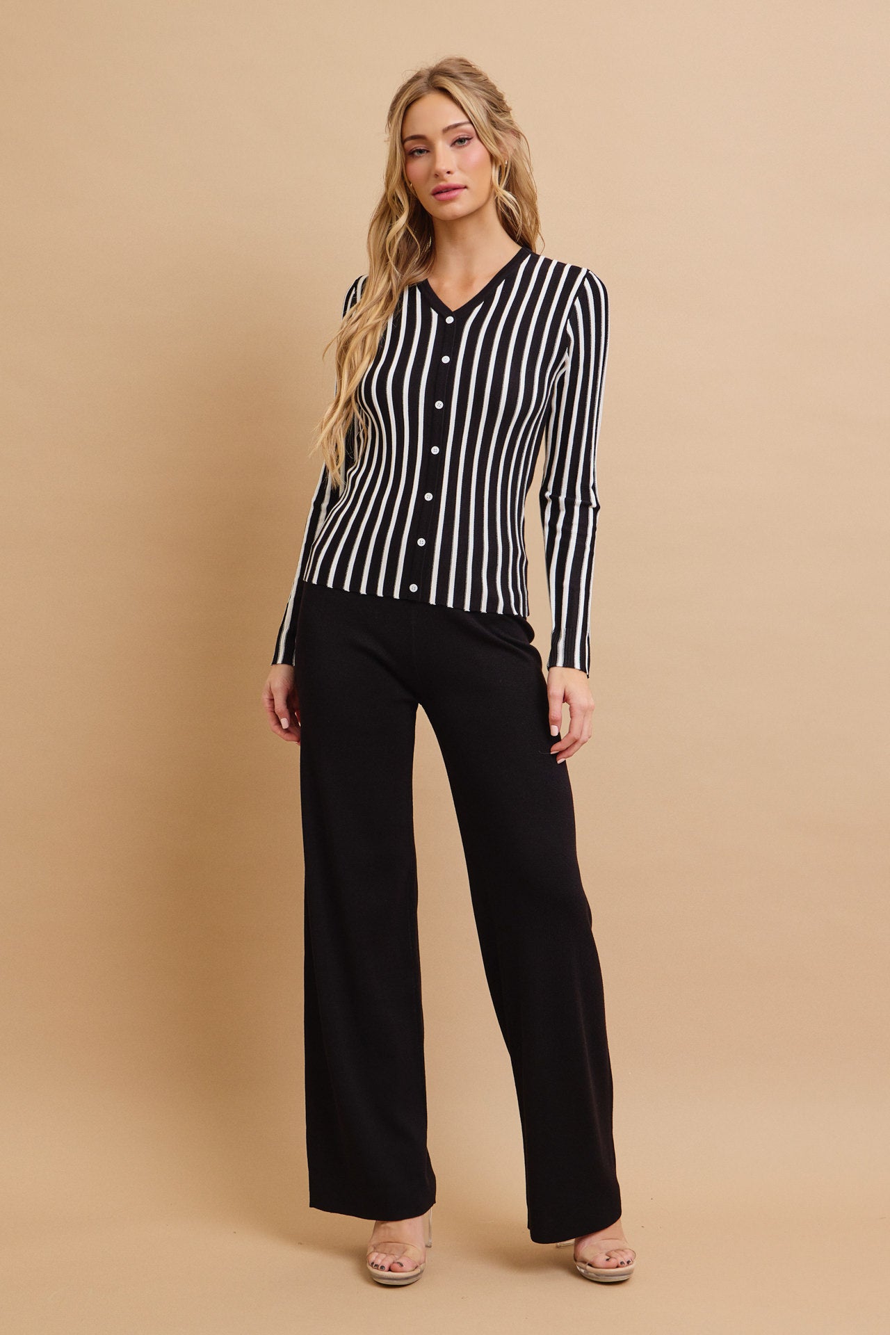 Classic Knit Combo Cardigan And Solid Pants Set