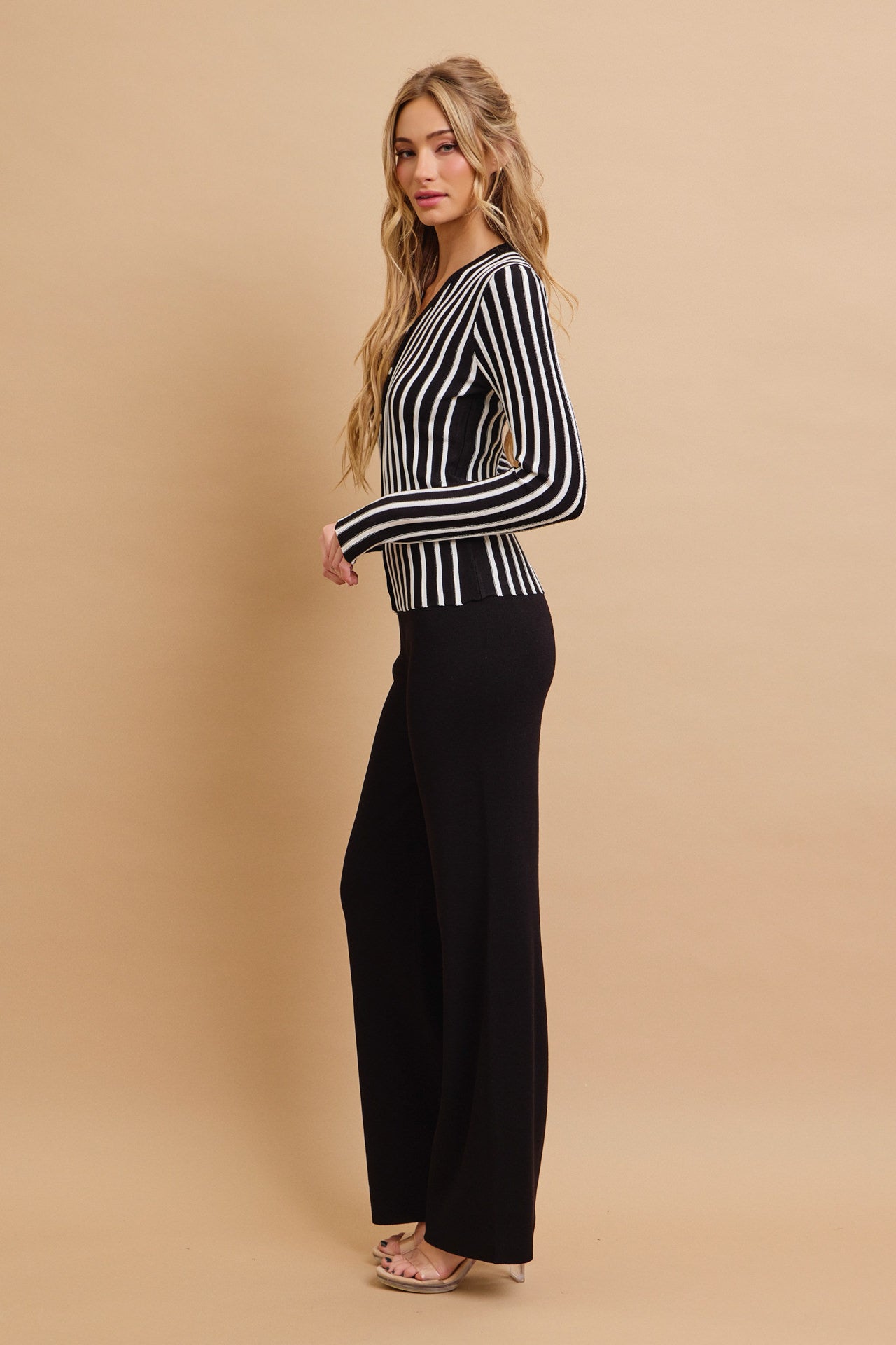 Classic Knit Combo Cardigan And Solid Pants Set