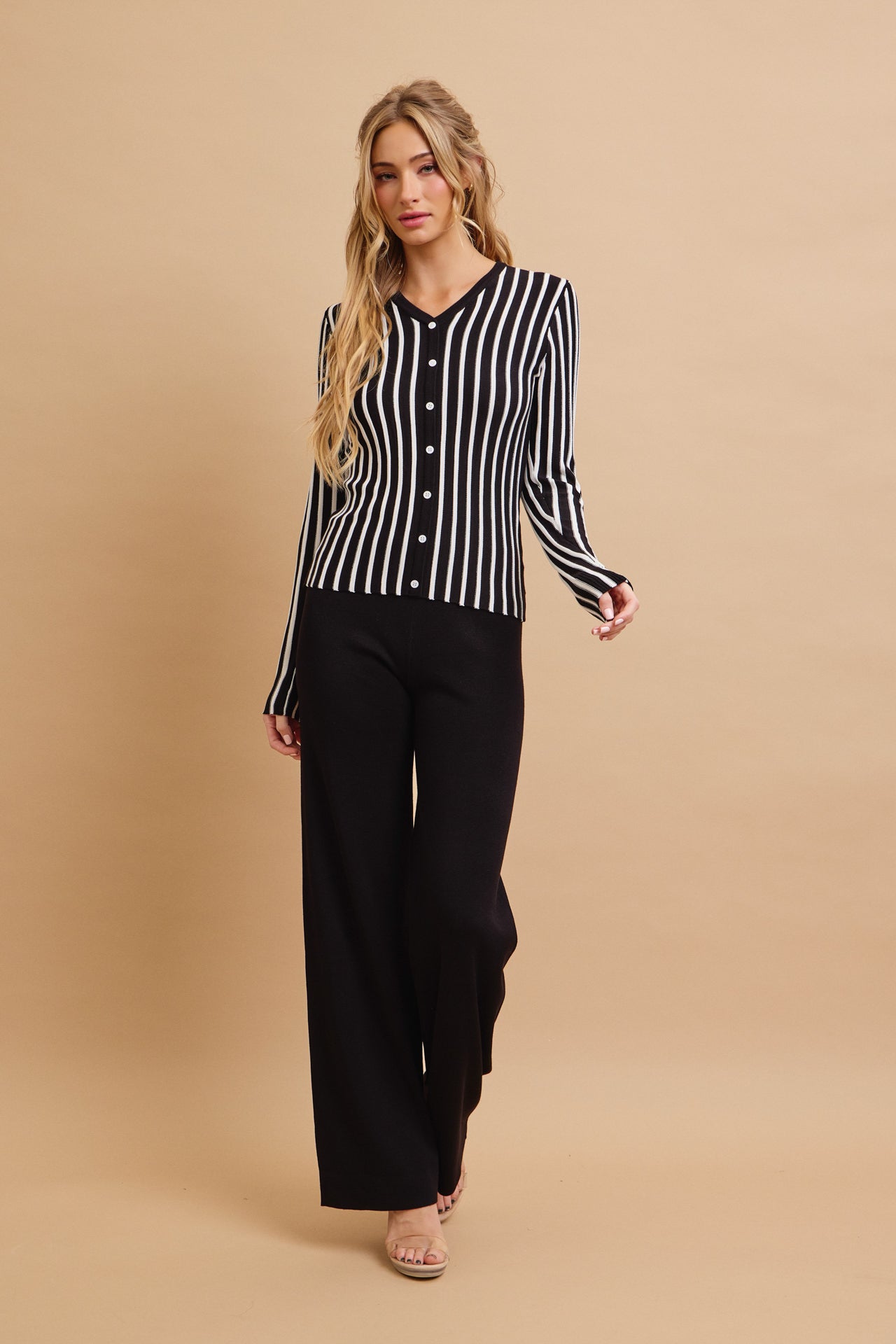 Classic Knit Combo Cardigan And Solid Pants Set