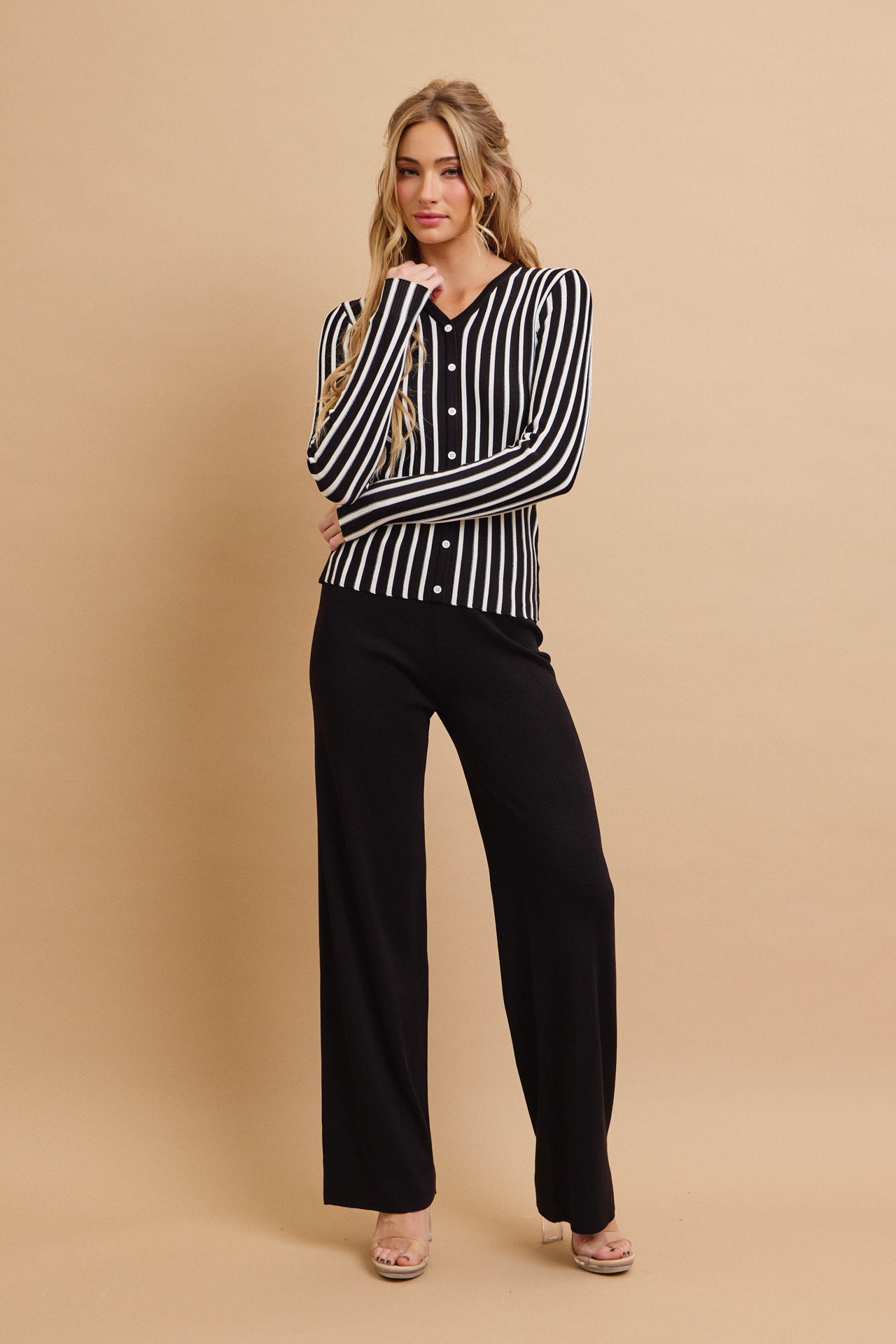 Classic Knit Combo Cardigan And Solid Pants Set