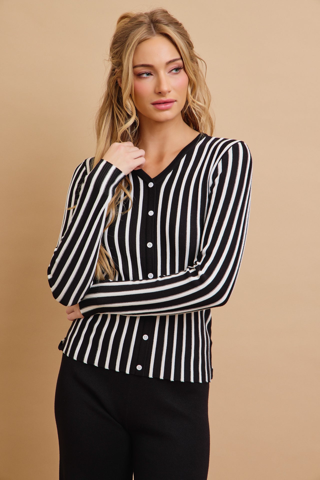 Classic Knit Combo Cardigan And Solid Pants Set