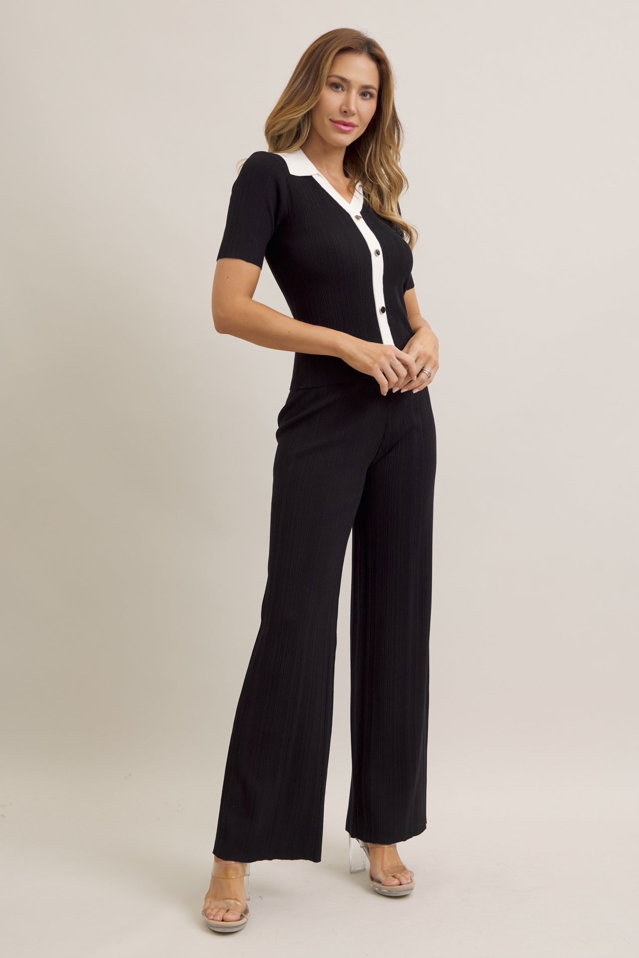 Mariselle Long Sleeve Collar Button Down Pants Set