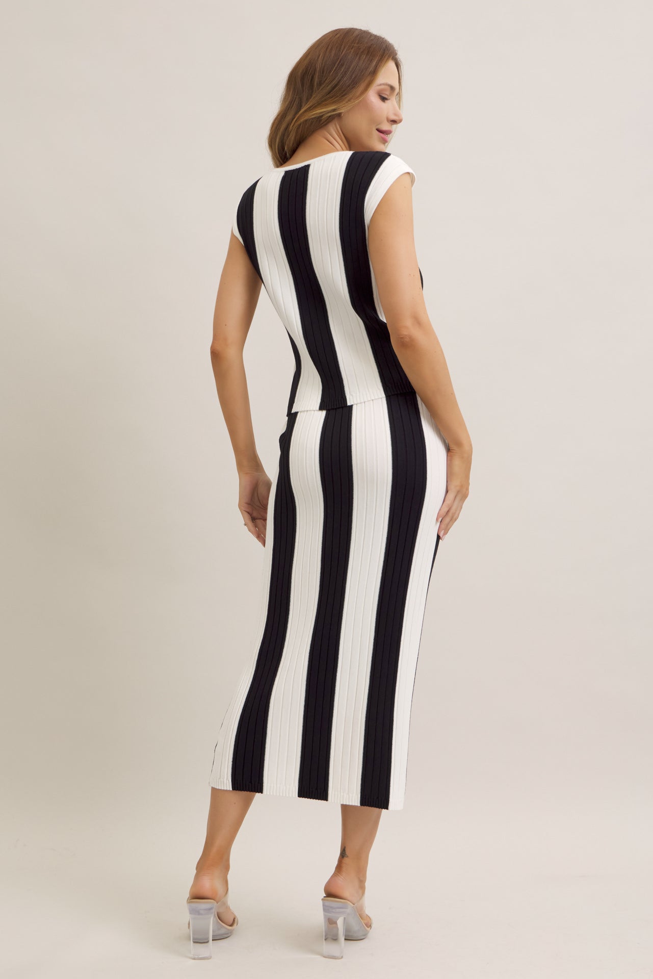 Pinstripe Perfection Rib Knit Top And Midi Skirt Set